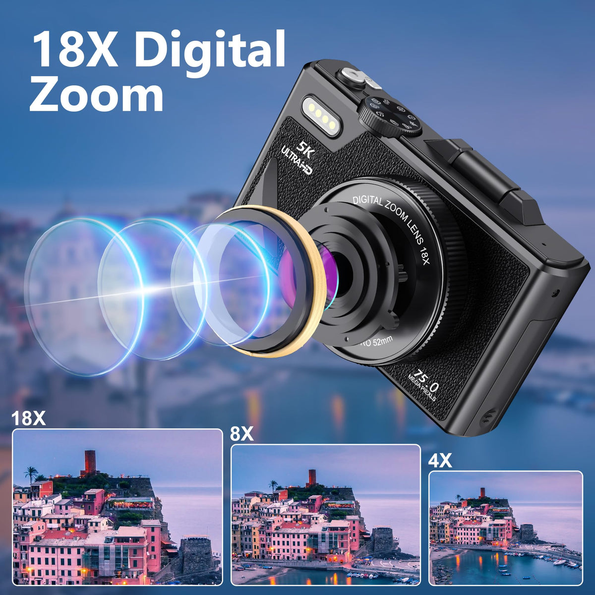 Cámara Digital Retro de 75MP, Cámara de Vlogging Vintage 5K UHD con Zoom de 18X, Enfoque Automático, Pantalla Abatible de 3 Pulgadas para Vlogging