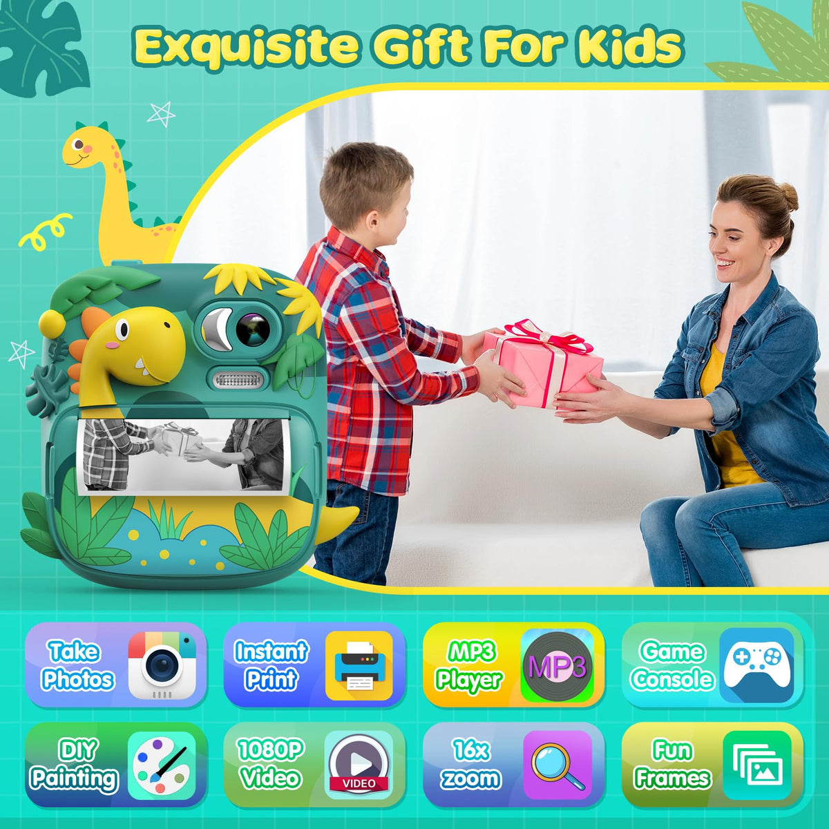 CAMCLID Camara Fotos Infantil Instantanea, 2,4 Pulgada Cámara Instantánea para Niños con Tarjeta de 32GB, Regalo para Niños de 3 a 12 Años(Verde)