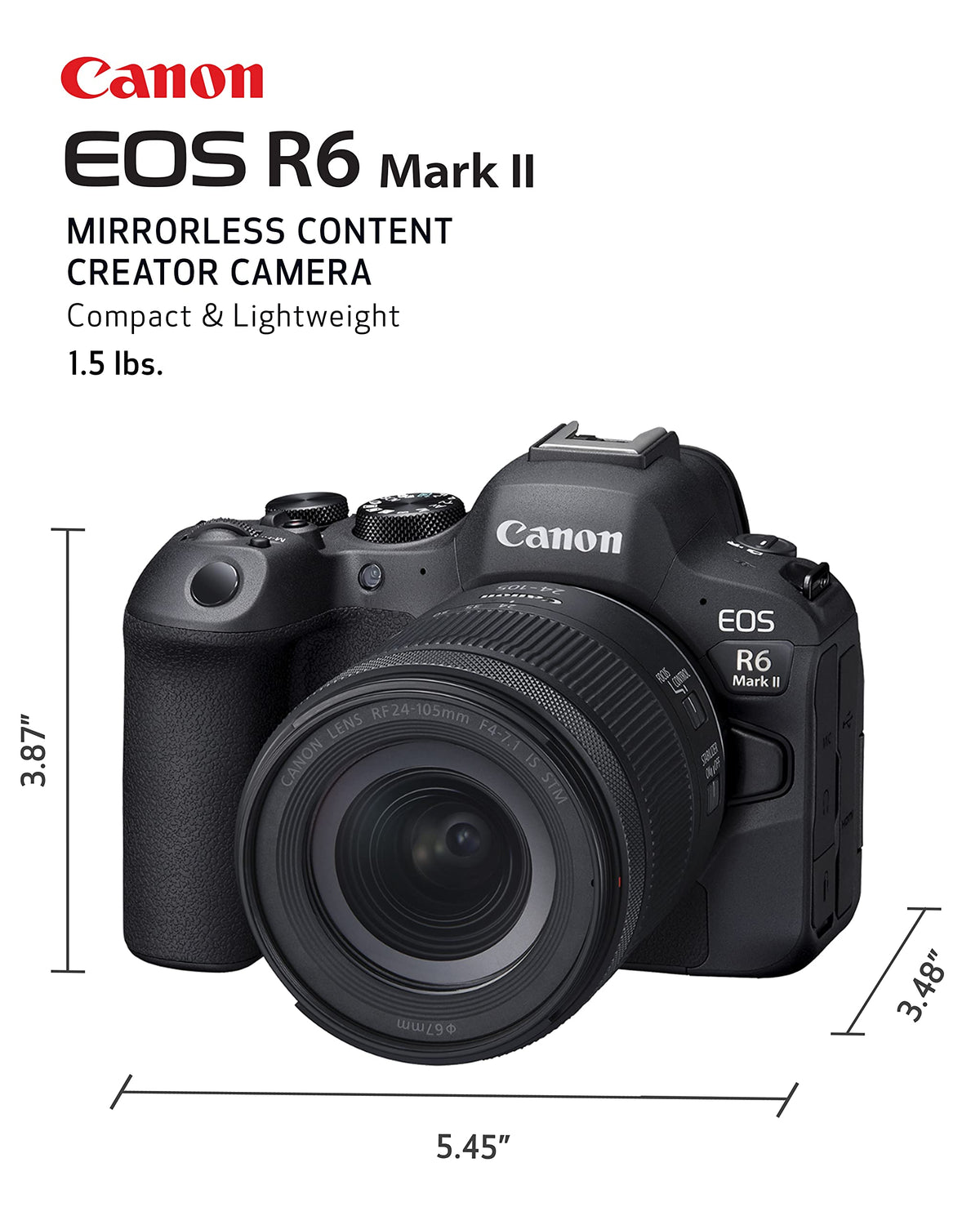 Canon EOS R6 Mark II Cámara sin Espejo RF24-105mm F4-7.1 es Kit de Lentes STM, cámara híbrida de fotograma Completo, Sensor CMOS de 24.2 megapíxeles, Capacidad de Foto y Video, Negro