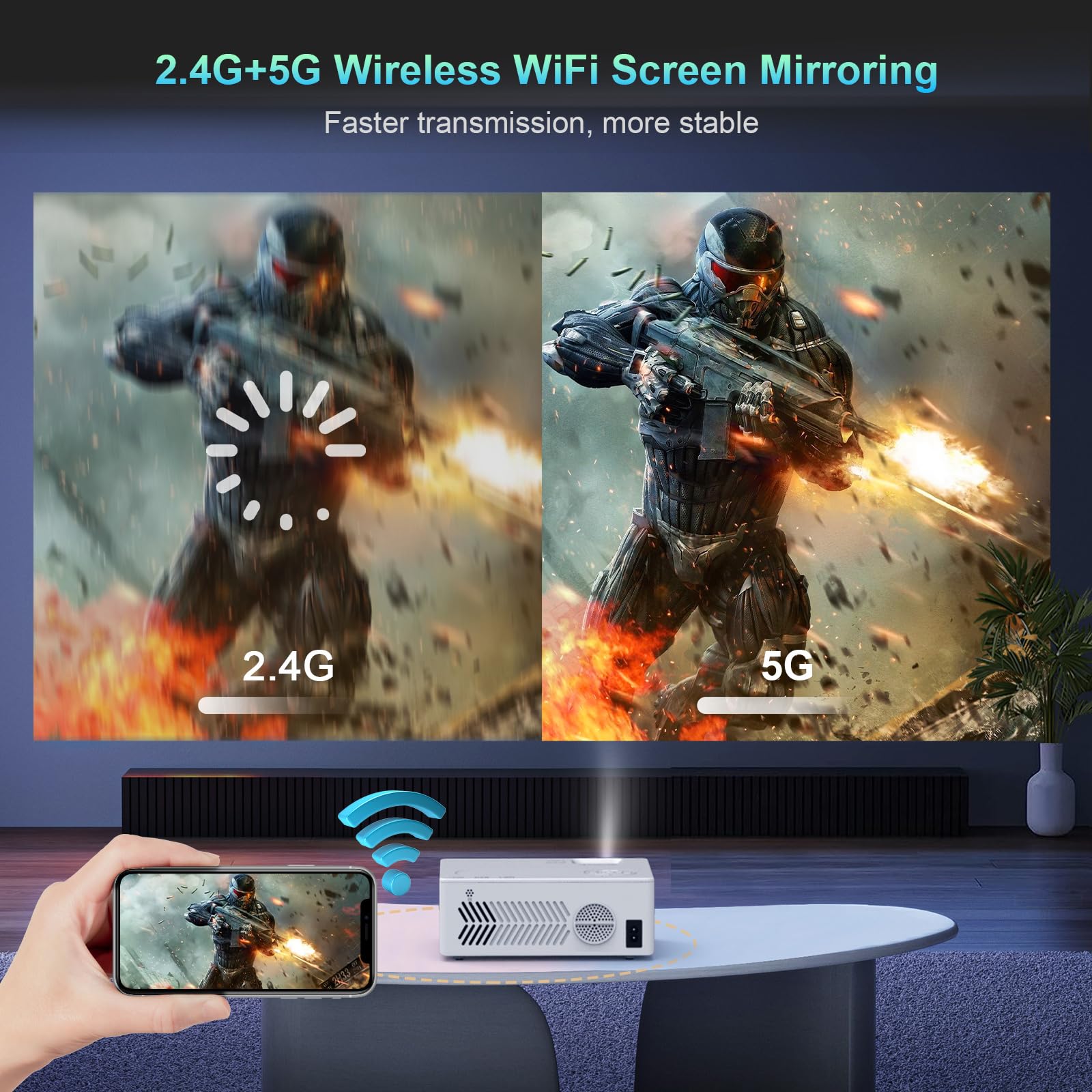 Genérico Proyector Nativo 1080P con WiFi y Bluetooth, 15000lux FHD Proyector de Cine portátil al Aire Libre para Home Theater, Compatible con iOS/Android/PC/Laptop/TV Stick/HDMI/USB