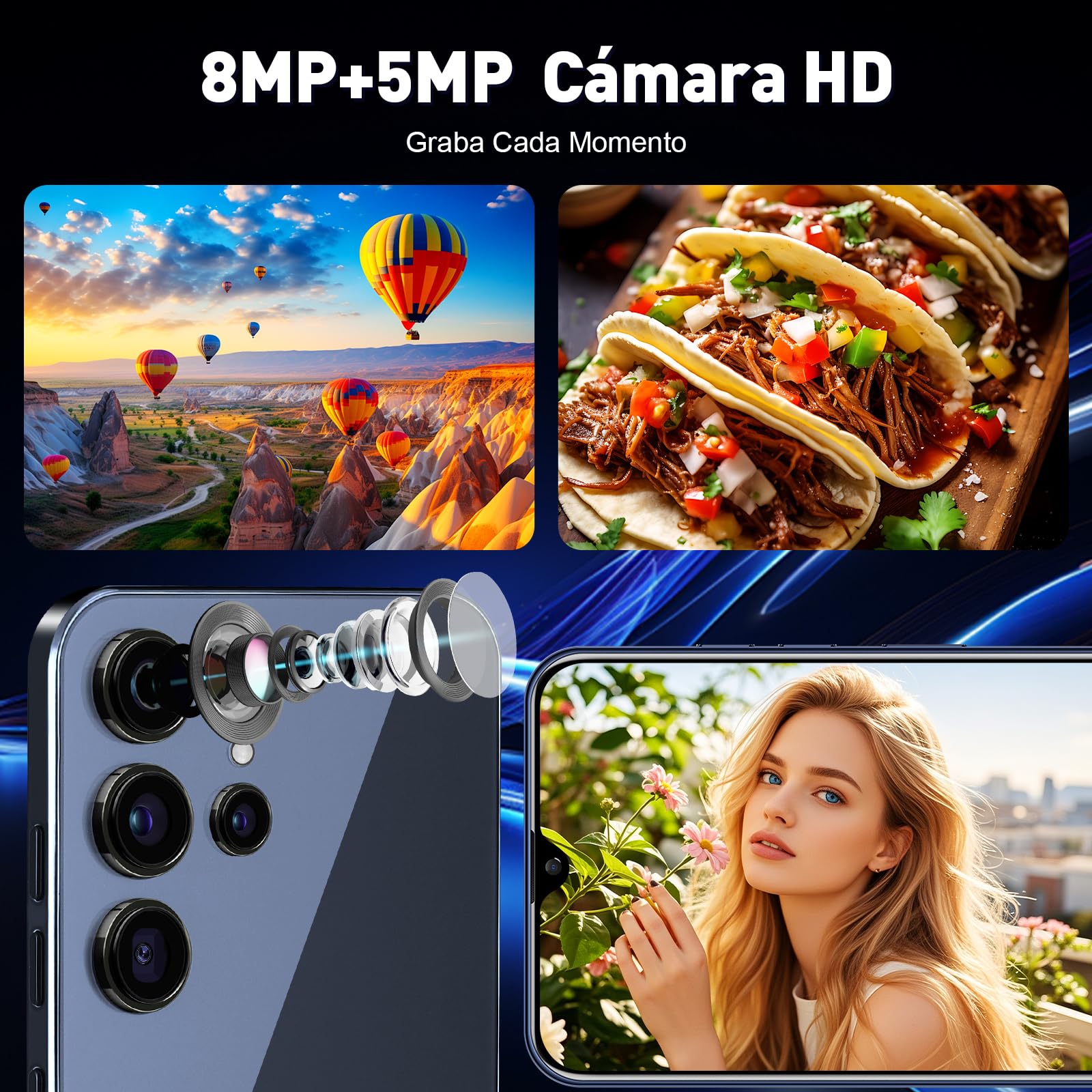 Fhrhig Celulares Inteligente Android 14, 256GB+8GB RAM Smartphone, 6.6" HD Celular con Batería 8000mAh, 8MP+5MP Cámara, Teléfonos con Dual SIM Dual Standby/Face ID/TF