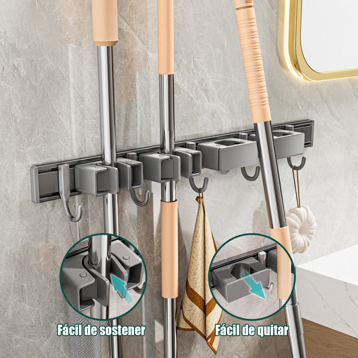 Porta Escobas y Trapeadores Pared Puede Moverse Organizador Aluminio Soporte Para Escobas Tornillos y Pegamento Colgador de Escobas y Trapeadores 50cm 1 paquetes Tofaney