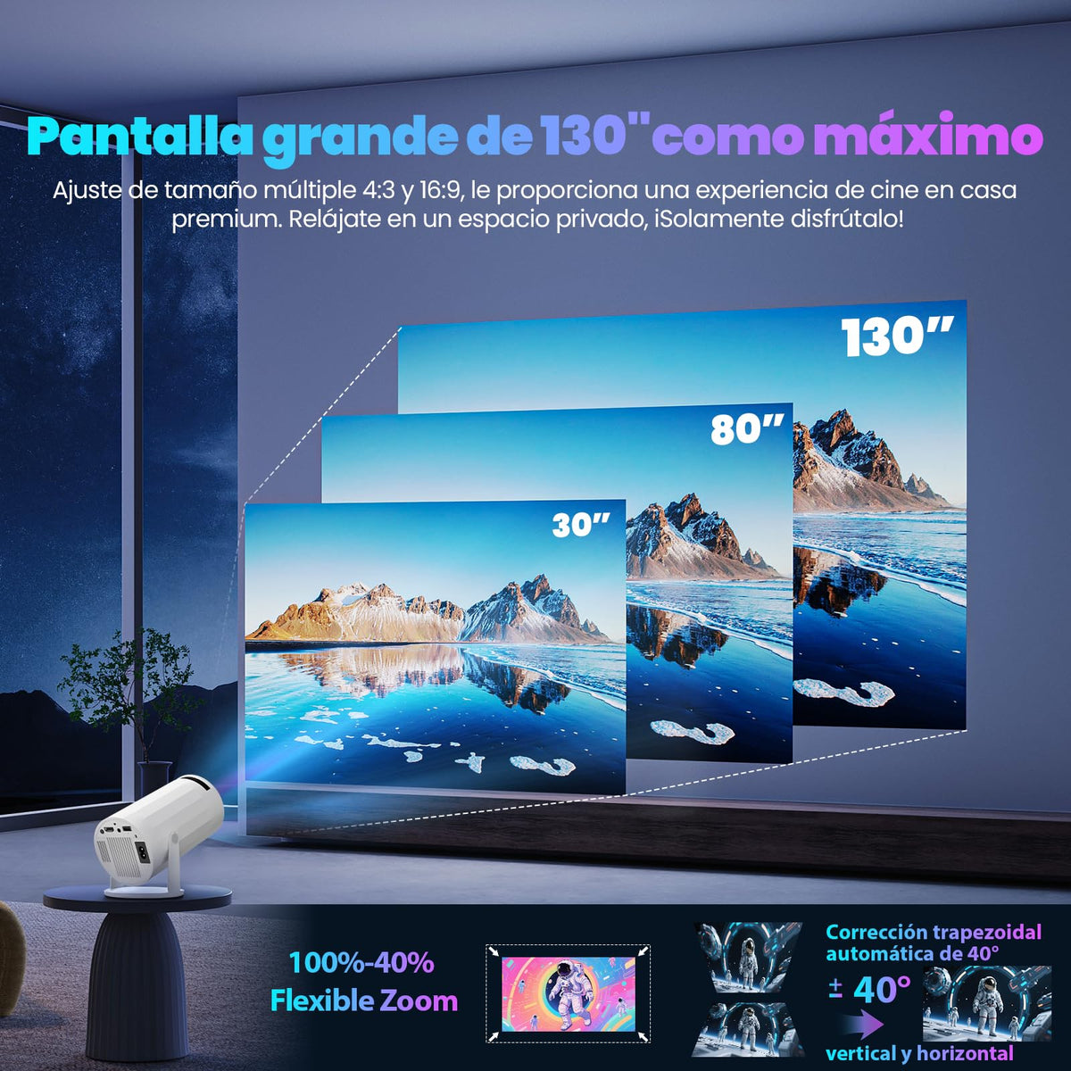 Proyector Portatil, Android 13, 250ANSI/10000 lúmenes, WiFi 6 y BT 5.4