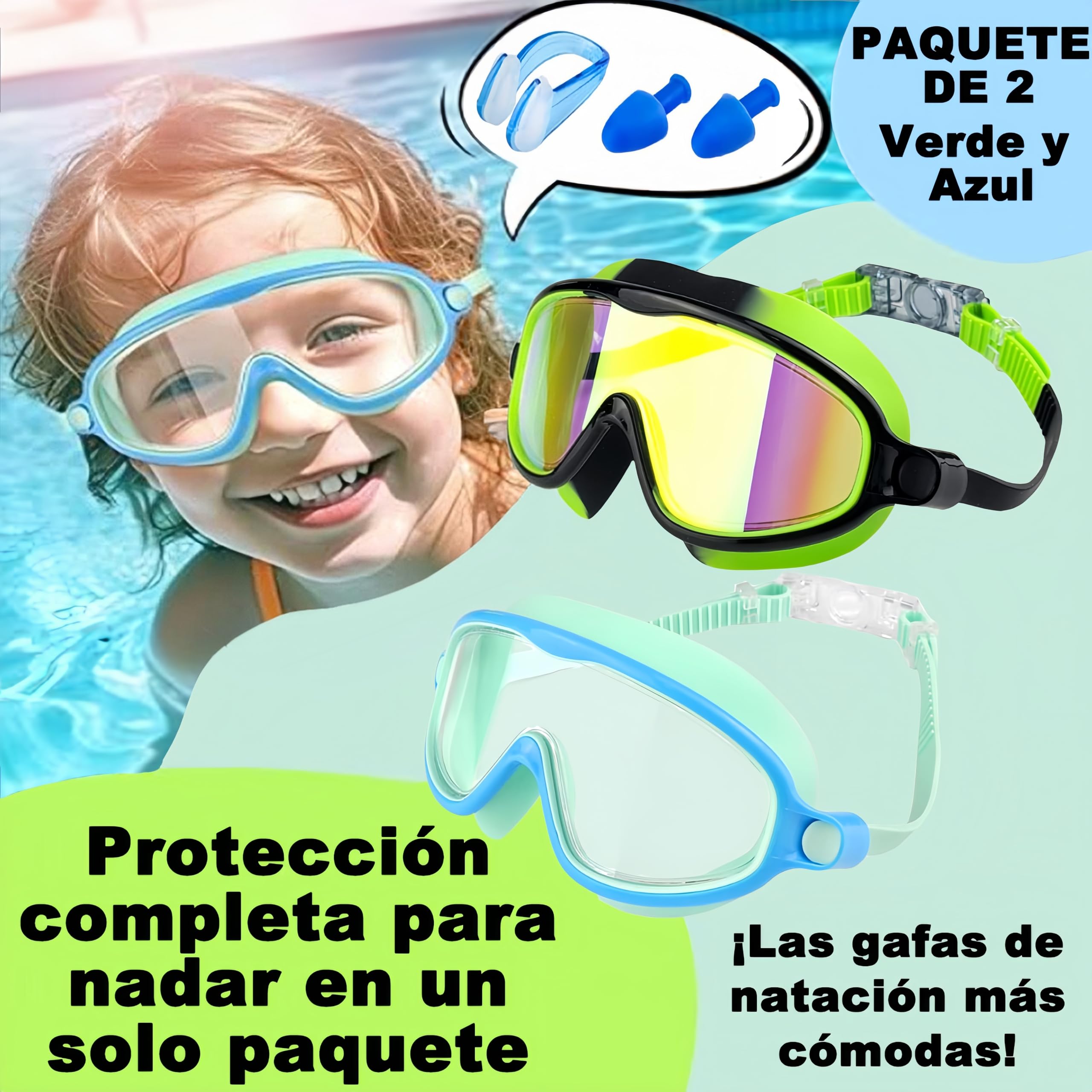 Gafas de Natación para Niños,2 Pcs Anteojos de Natación para Niños con Tapón La Oídos y Clip para La Nariz,Swim Goggles Ajustable de Silicona,Protección UV,Sin Fugas,Antivaho Anteojos de Natación