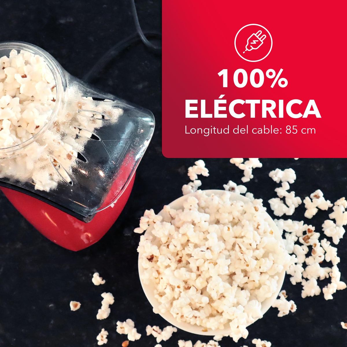 RCA Palomitero RC-1025, Tapa Medidora Incluida Estilo Compacto y Eléctrico, Funciona con Aire Caliente, Capacidad de 70 gr, Luz Indicadora, Ideal para Fiestas y Cine en Casa, Color Rojo y Negro