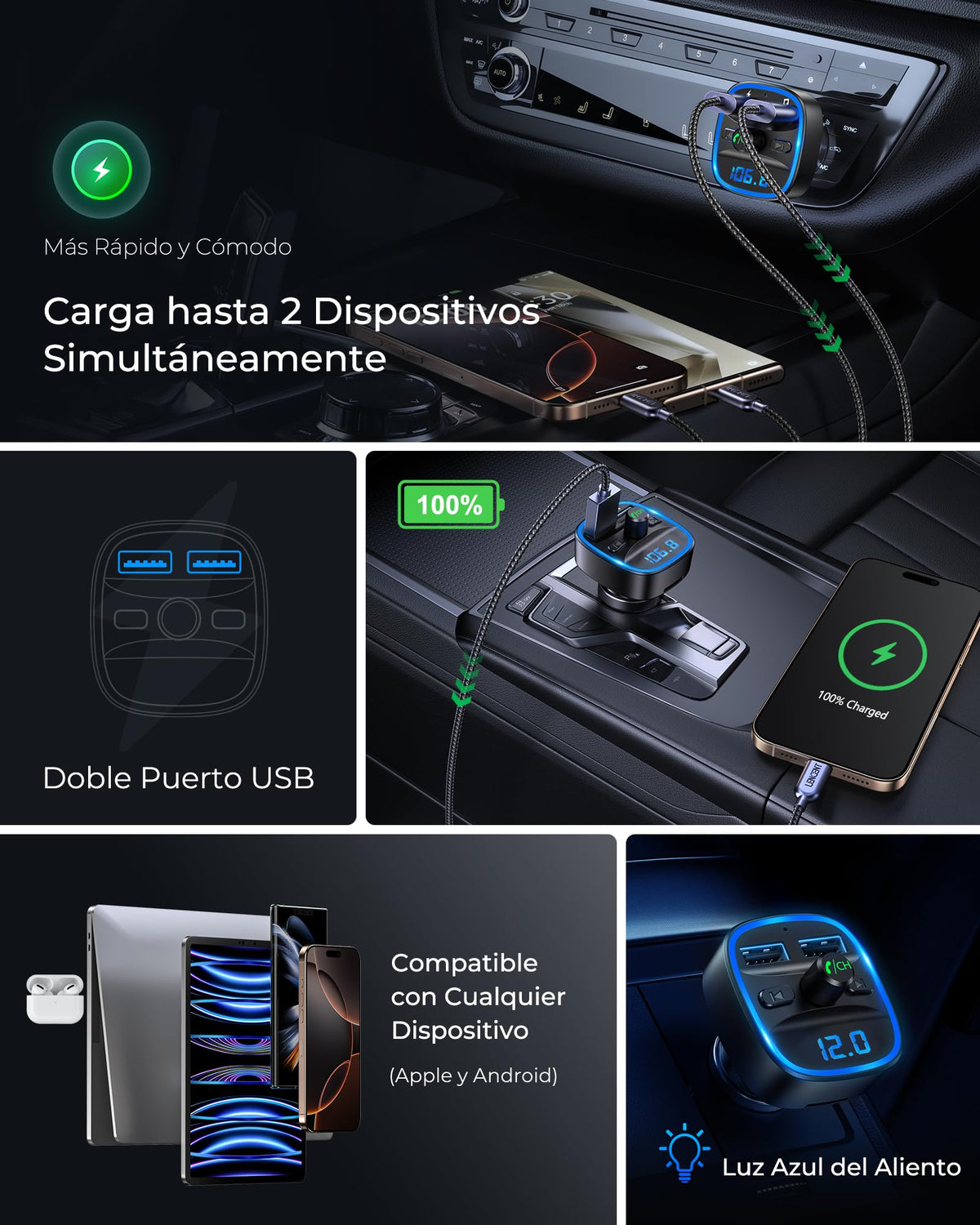 LENCENT Transmisor FM Bluetooth para Auto, Reproductor Música para Carro, Adaptador Bluetooth Coche con Dual USB 5V/2.4A&1A, Soporta Tarjetas SD, Memoria USB, Llamadas Manos Libres, Asistente de Voz