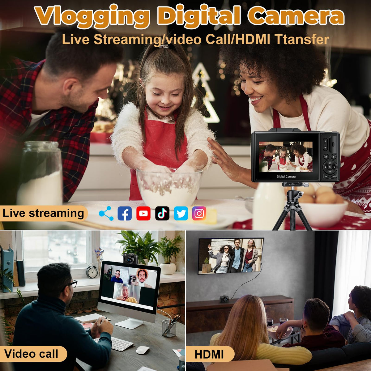 Cámara digital 4K – para fotografía, vlogging de 64MP para YouTube – Cámara de video de enfoque automático 3 pulgdas, 180° con zoom 18X, de viaje, compactas, con tarjeta SD de 32 GB, 2 baterías