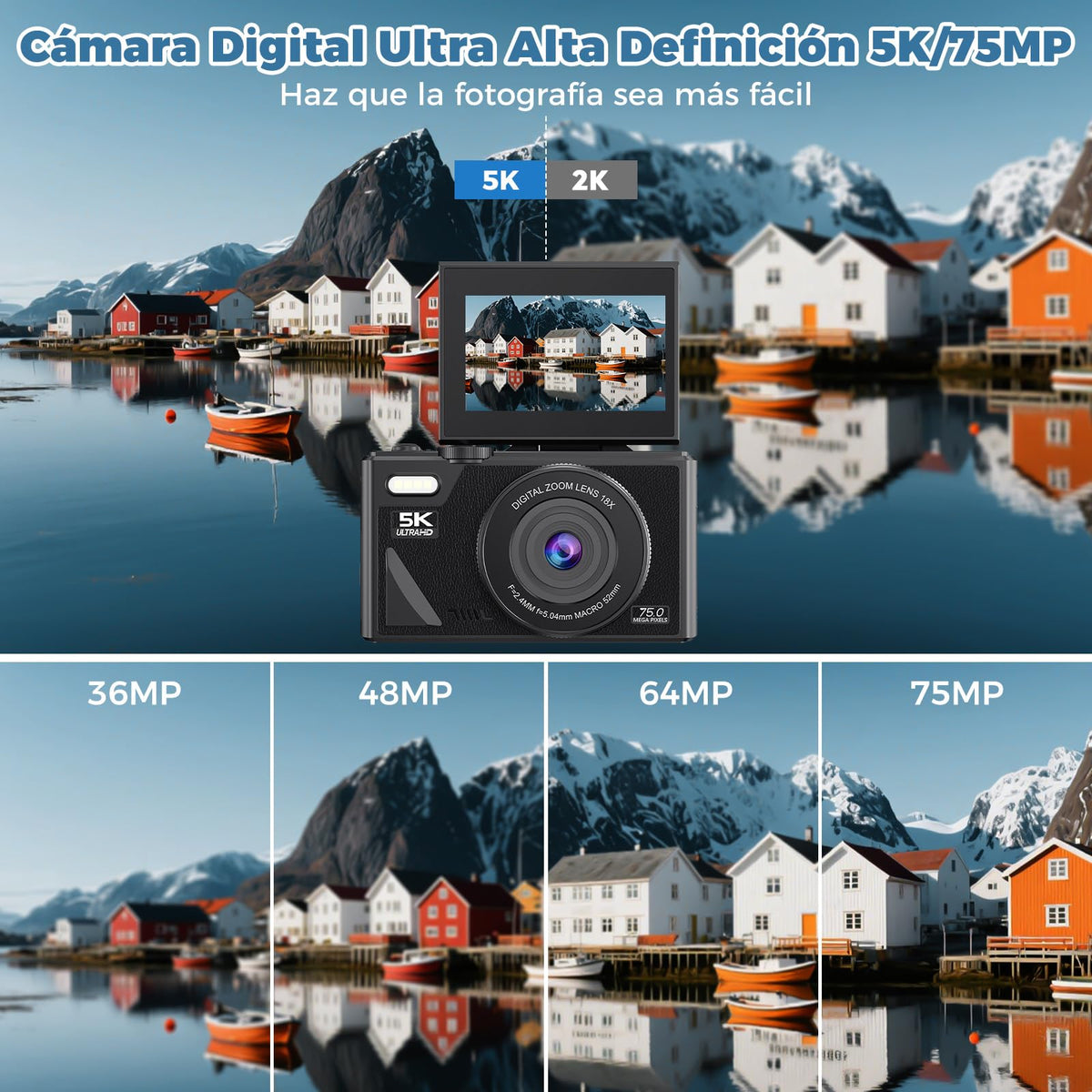 Cámara Digital 5K, Cámara Retro WiFi de 75 MP, Pantalla Giratoria de 3 Pulgadas, Camara de Vídeo UHD con Zoom Digital de 18 Aumentos y Enfoque Automático, Cámara Portátil de Viajes con Tarjeta 32GB SD