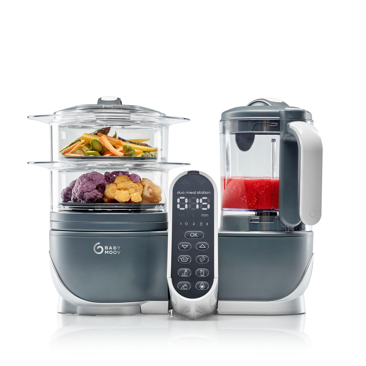 Babymoov Duo Meal 6 en 1: Procesador de Alimentos para Bebés con Vaporizador y Licuadora de Velocidades Múltiples, Calienta y Descongela (Aprobado por Nutricionistas), Gris
