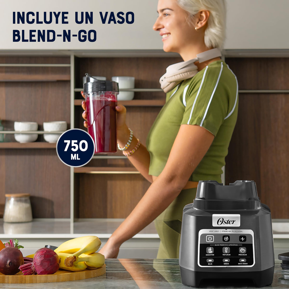 Oster Licuadora Profesional XTREME MIX con iBLEND y MAX CRUSH, 1500 W, 2 L, Jarra de Vidrio Boroclass, Tecnología Reversible, Vaso Blend-N-Go, Gris