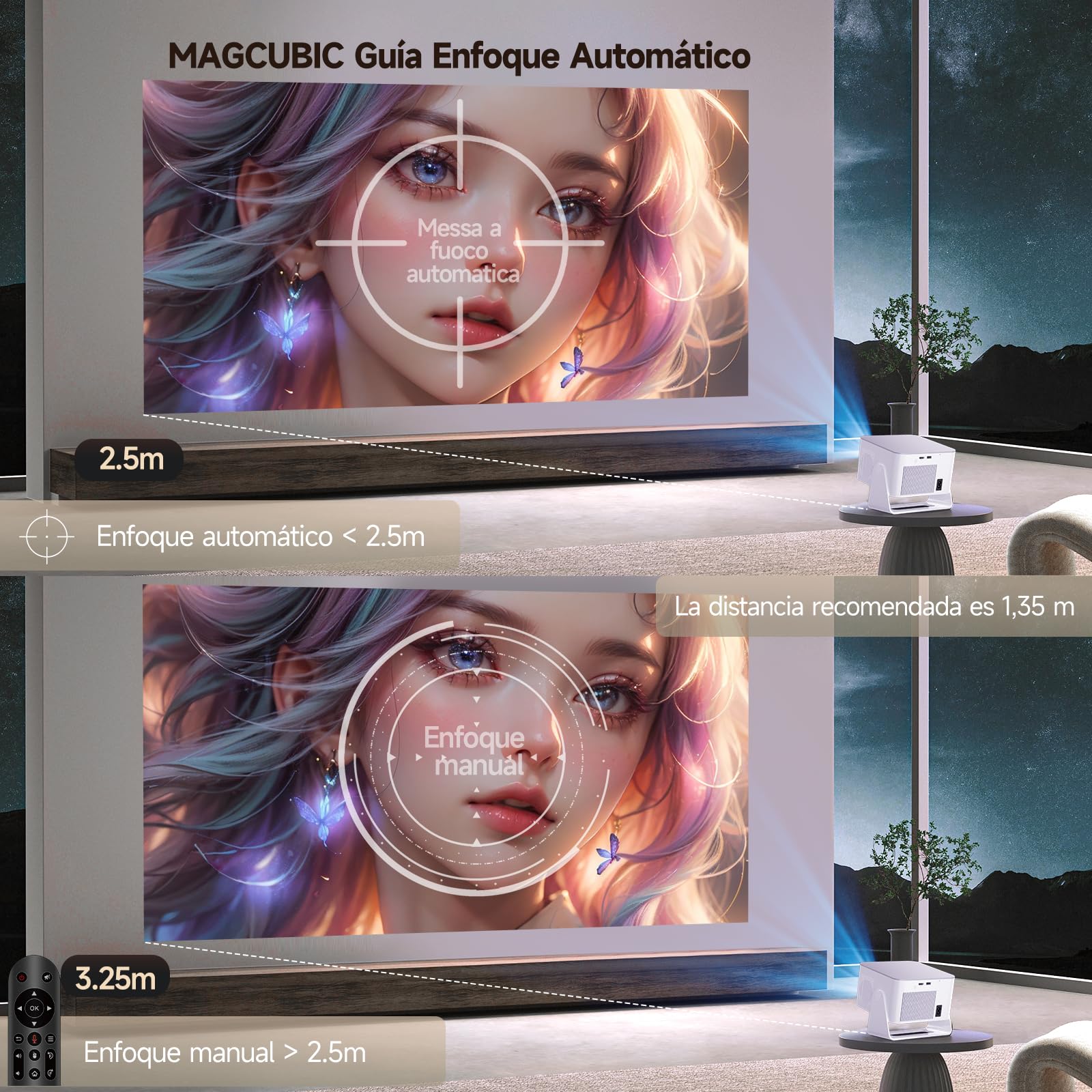 [App Integrada] Mini Proyector 4K & 8K Soporte 1080P Nativo, Proyector Portátil con Android 14 WiFi 6 BT 5.4, 600ANSI, Enfoque Automático, 6D Corrección Automática de Trapecio, Rotación 180°, HY350MAX