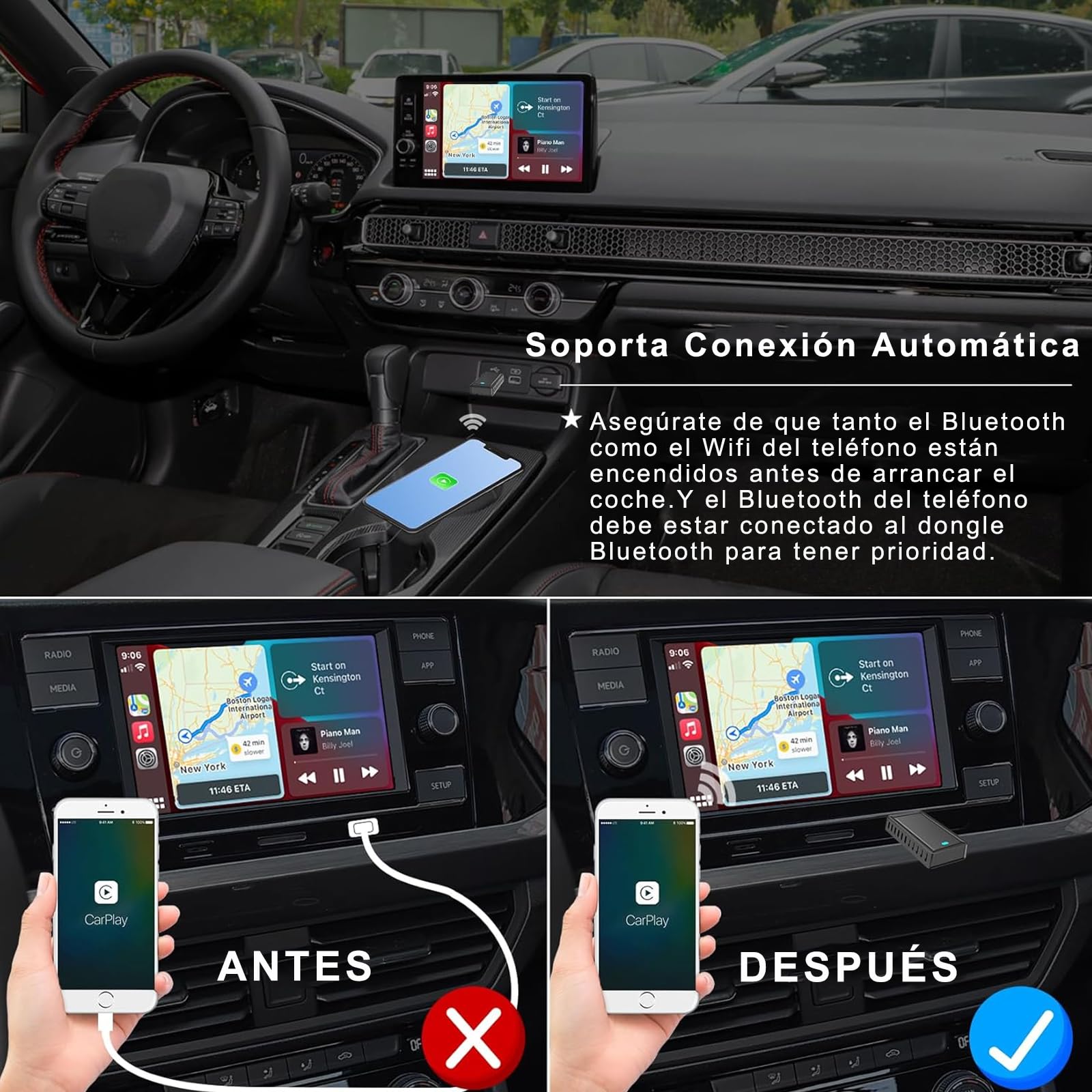 WZZLNDKS Adaptador Inalámbrico CarPlay con 5.8GHz WiFi, Adaptador Android Auto, Convierte CarPlay con Cable a Inalámbrico, Conexión Plug & Play, para iOS 10+, Android 11+, Connect Estable para Auto
