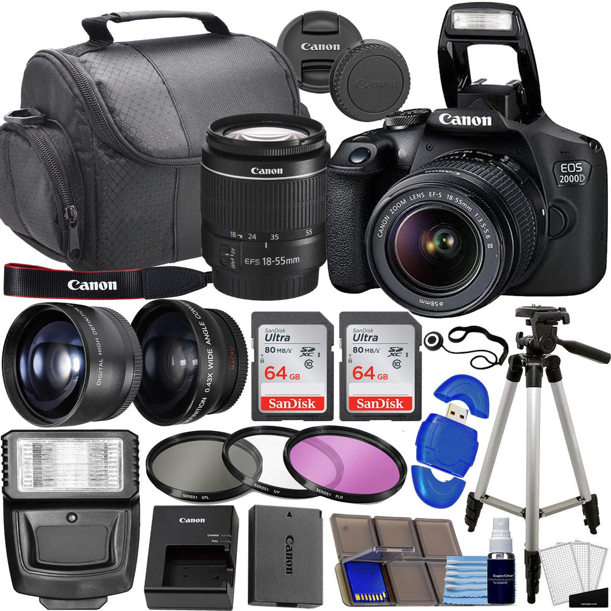 Canon EOS 2000D / Rebel T7 - Cámara réflex digital con lente EF-S 18-55 mm f/3.5-5.6, kit de 3 lentes: memoria de 128 GB + lente gran angular + teleobjetivo + flash (Renovado)