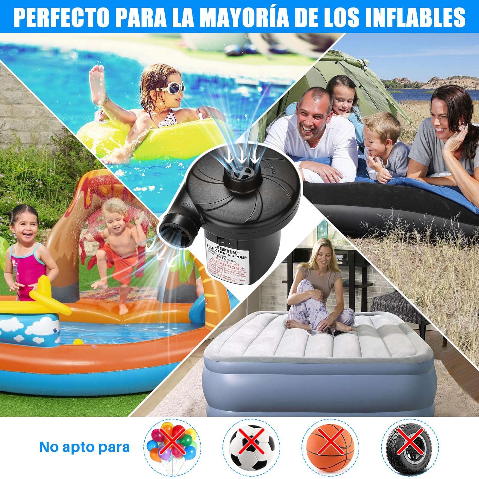 AXIDUN Bomba de Aire Eléctrica, Bomba de Aire Portátil de Llenado Rápido con 3 Boquillas, para Bolsas al Vacío, Colchón Hinchable, Juguetes Hinchable, Viaje a Familia,Camping