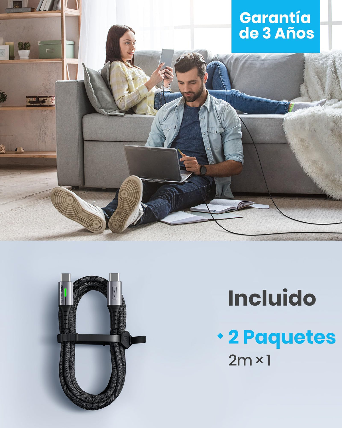 INIU Cable USB C a USB C 100W, 2m Cable USB C PD 5A QC 4.0 Carga Rapida, Cargador USB Tipo C Nylon para iPhone 16 15 MacBook Pro 2020 Samsung S23 Ultra S22 iPad Air Google Pixel Switch Steam Deck