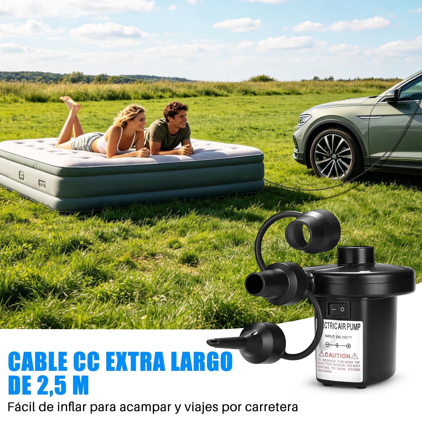 AXIDUN Bomba de Aire Eléctrica, Bomba de Aire Portátil de Llenado Rápido con 3 Boquillas, para Bolsas al Vacío, Colchón Hinchable, Juguetes Hinchable, Viaje a Familia,Camping