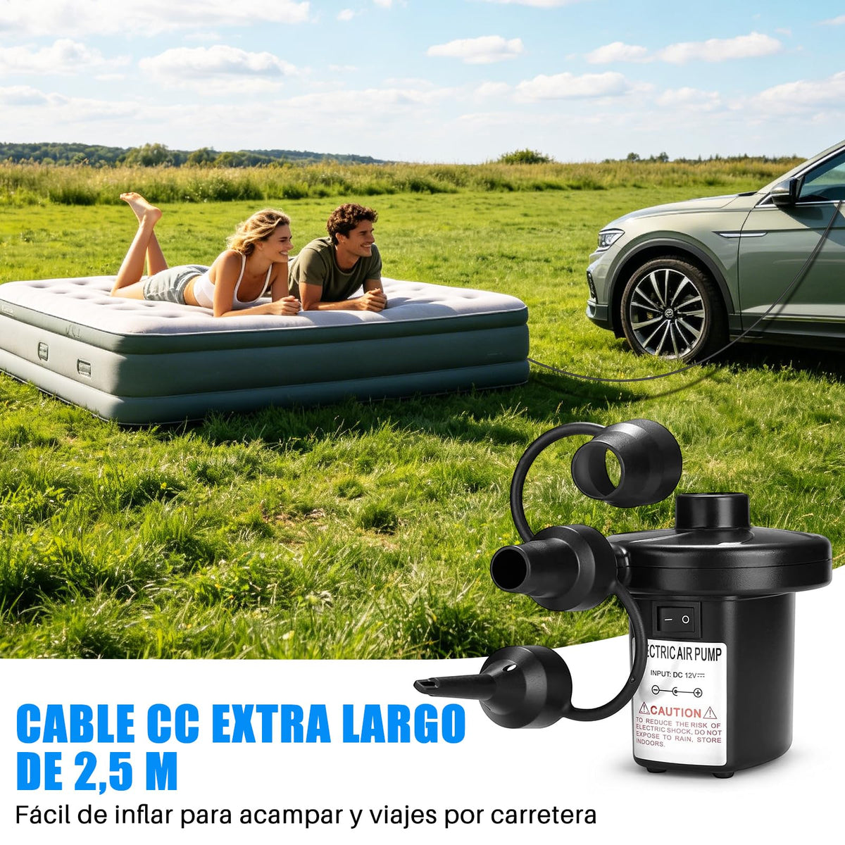 AXIDUN Bomba de Aire Eléctrica, Bomba de Aire Portátil de Llenado Rápido con 3 Boquillas, para Bolsas al Vacío, Colchón Hinchable, Juguetes Hinchable, Viaje a Familia,Camping