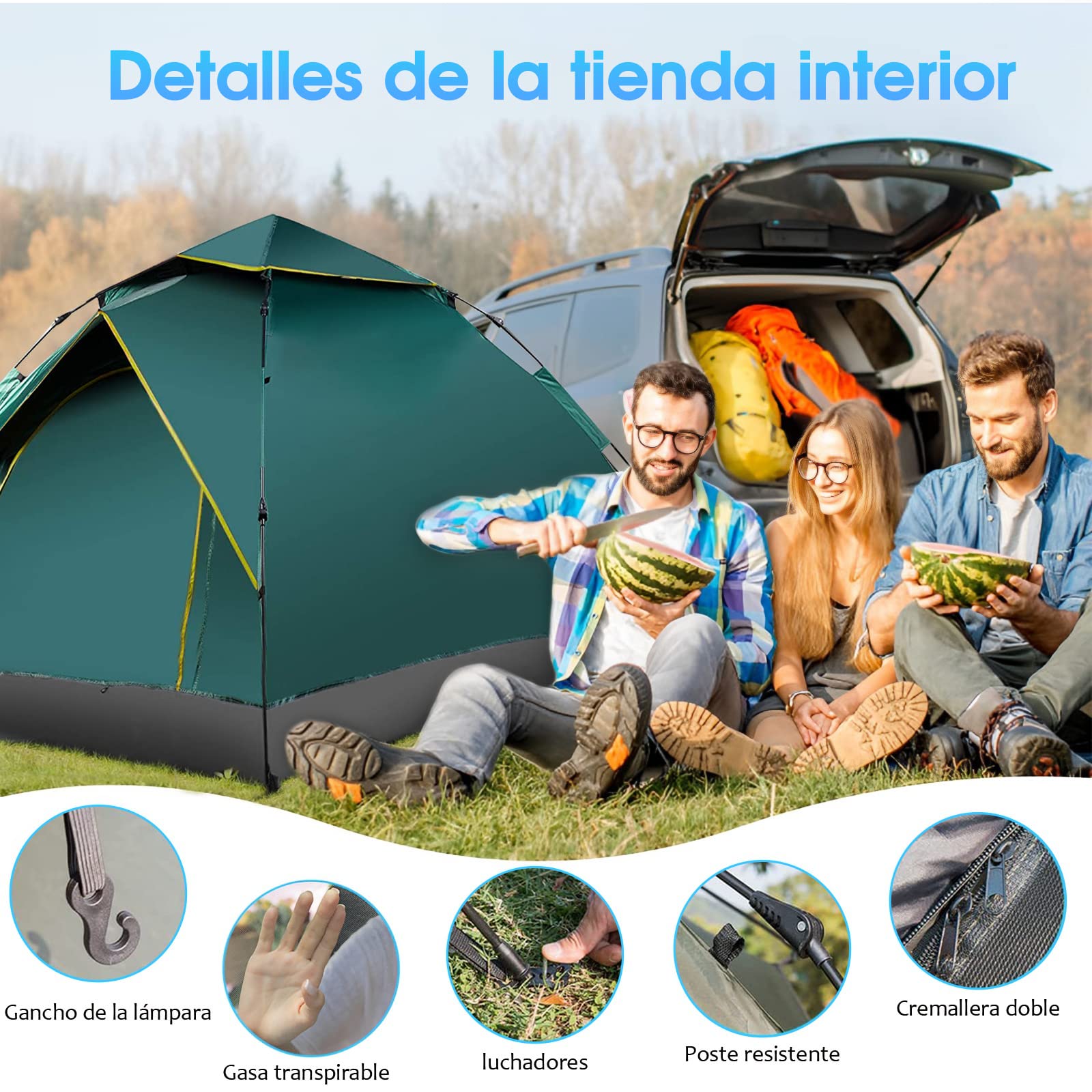 AVEDISANTE Casa de Campaña 3/4 Personas, Tienda de Campaña de 2 Entradas, Pop Up Portátil Camping, Impermeable y Transpirable,Armado Sencillo, Portátil Camping （200cm X 135cm）