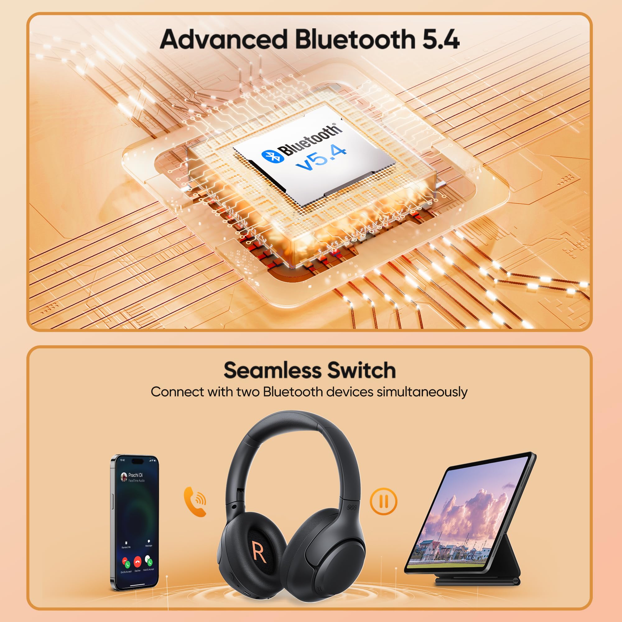 QCY H3 Audífonos Inalámbricos Bluetooth 5.4, Cancelación Activa de Ruido, Hi-Res Audio, Diadema Plegables Auriculares Over Ear, 60 Horas de Reproducción Compatible con iOS/Android