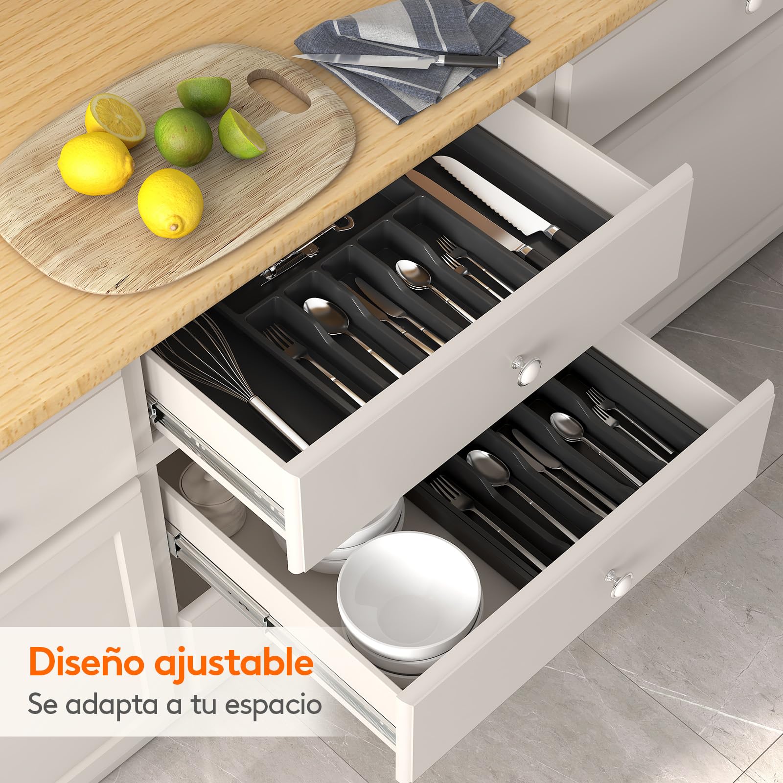 Lifewit Organizador de Cubiertos, Bandeja para Cubiertos Extensible, Cubertero para Cajón para Menaje, Organizador de Cubertería Ajustable y Compacto para Cucharas Tenedores Cuchillos, Grande, Negro