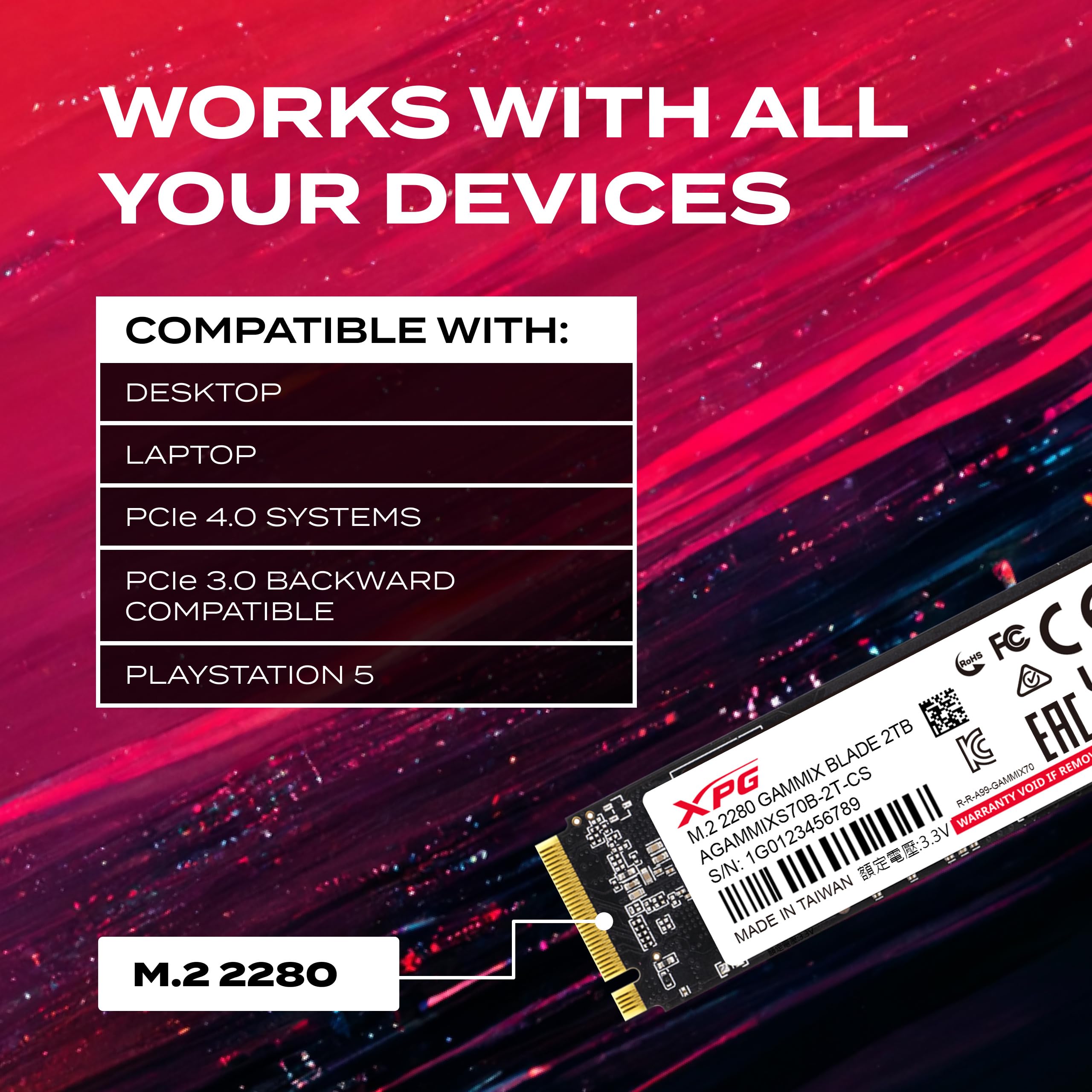 ADATA XPG XPG GAMMIX S70 Blade, Unidad de Estado Sólido SSD PCIe Gen4x4 M.2 2280, Rendimiento de Lectura/Escritura de 7400/6800 MB/s, 2TB (AGAMMIXS70B-2T-CS)
