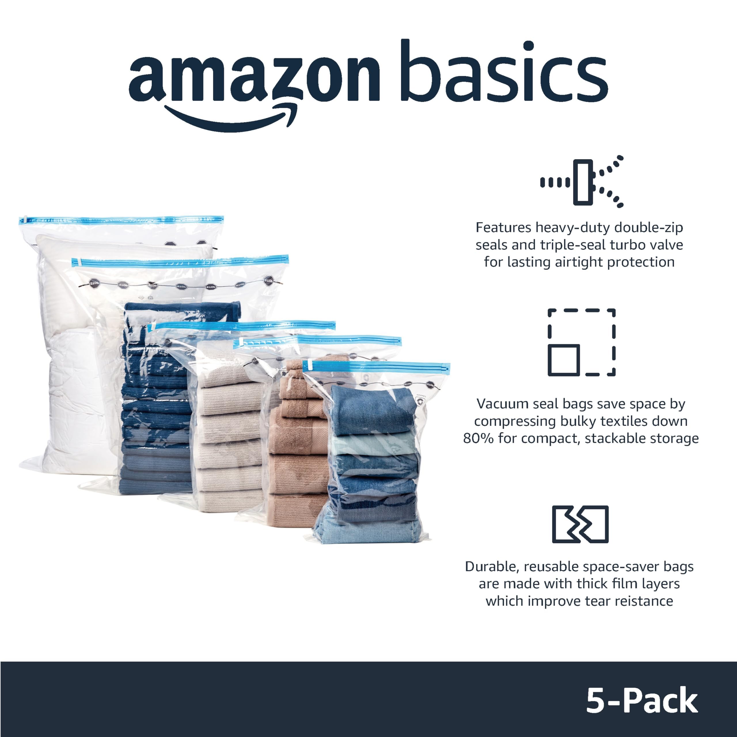 Amazon Basics - Bolsas de almacenamiento de compresión al vacío con bomba de mano, tamaño mediano, paquete de 5