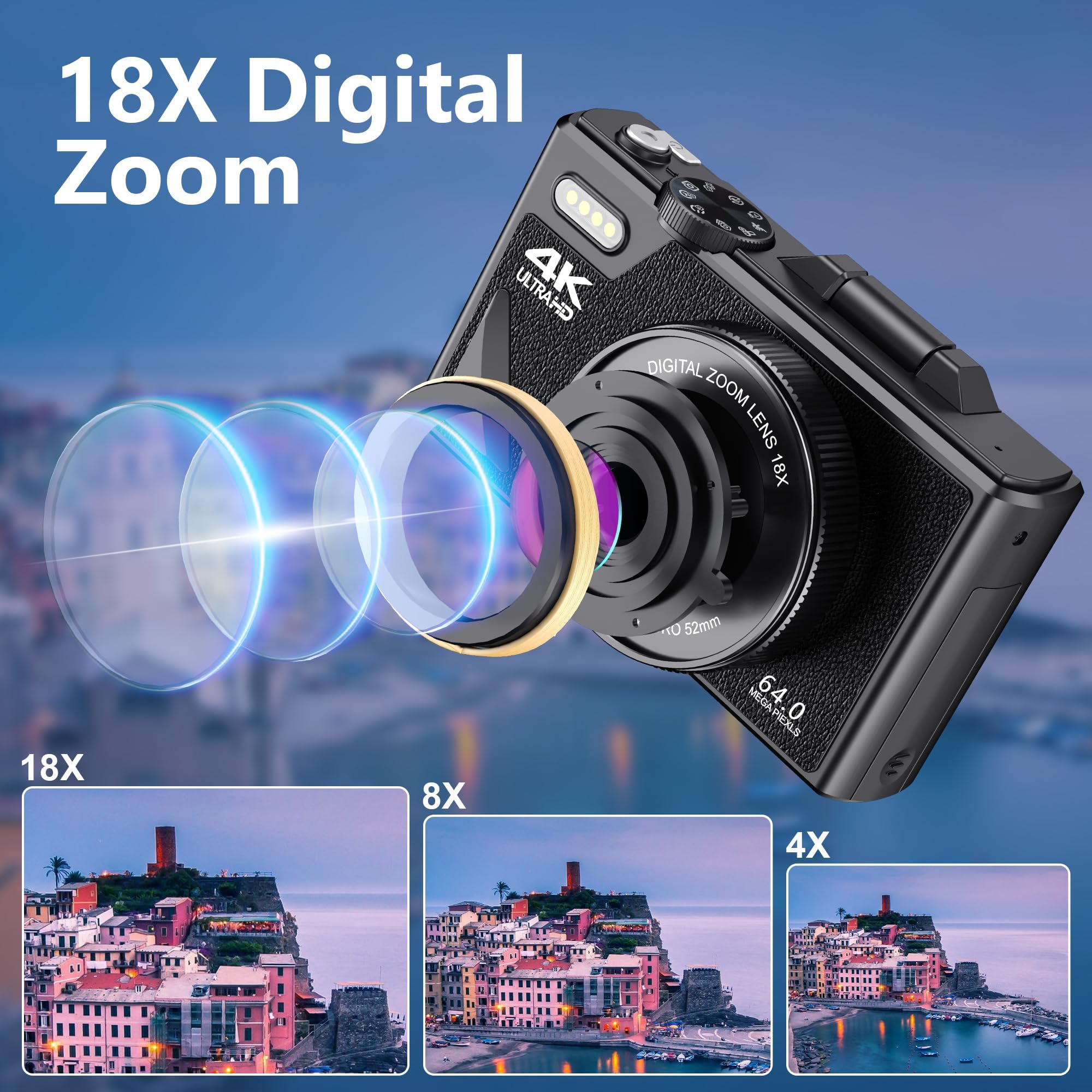 Dpofirs Cámara Digital de 64MP, Cámara de Vlogging 4K, Cámara de Enfoque Automático con Zoom de 18X, Cámara Pequeña Compacta con Pantalla Abatible de 3 Pulgadas, Cámara Pequeña para