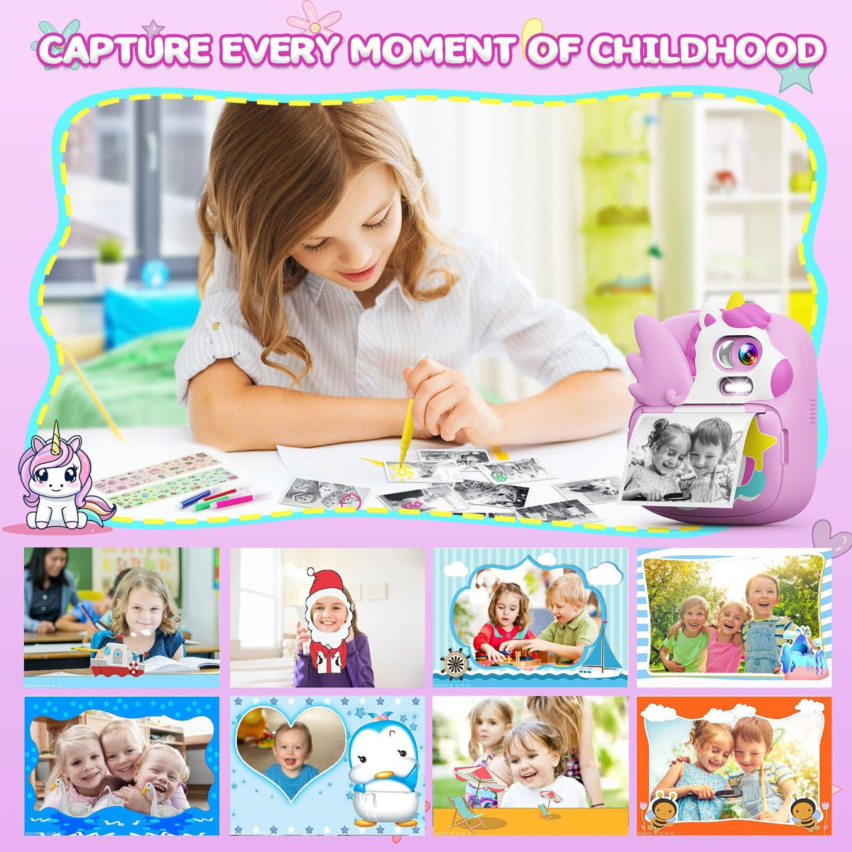 CAMCLID Camara Fotos Infantil Instantanea, 2,4 ’‘ HD 1080P Cámara Fotos Infantil con Tarjeta SD de 32G y Papel Fotográfico de Impresión