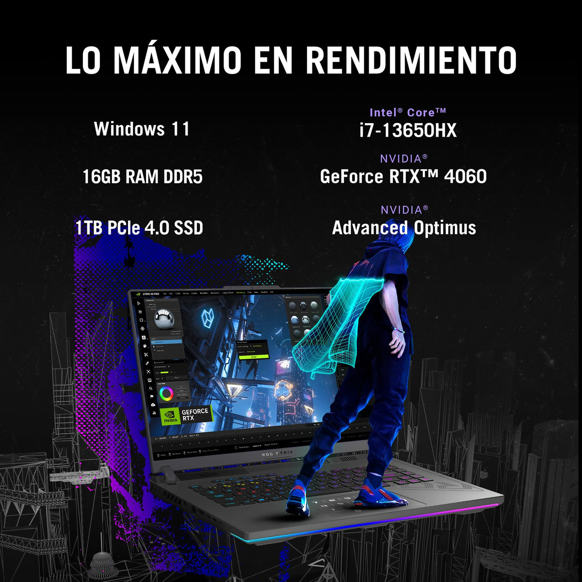 ASUS Laptop ROG Strix G16, Intel Core i7 13va/NVIDIA GeForce RTX4060/16GB RAM Expandible hasta 32GB/1TB SSD/Teclado Retroiluminado RGB 4 Zonas en Español(Garantía y Servicio en México)