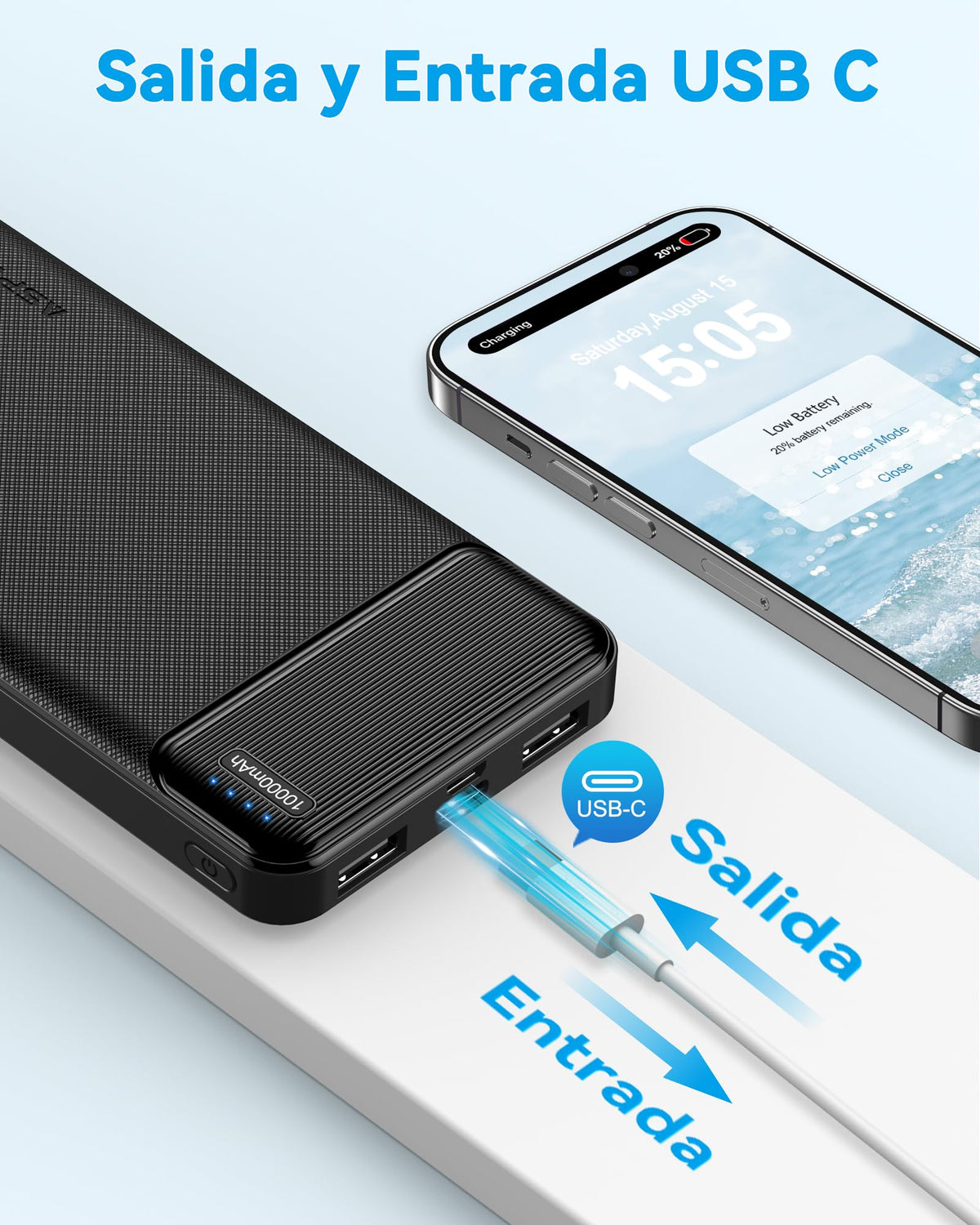 AsperX 2-Pack Power Bank 10000mAh bateria portatil USB c Pila portatil powerbank Carga rapida Cargador portatil with 3 Output Pila Recargable para iPhone 15 14 13 12 Xiaomi Google LG