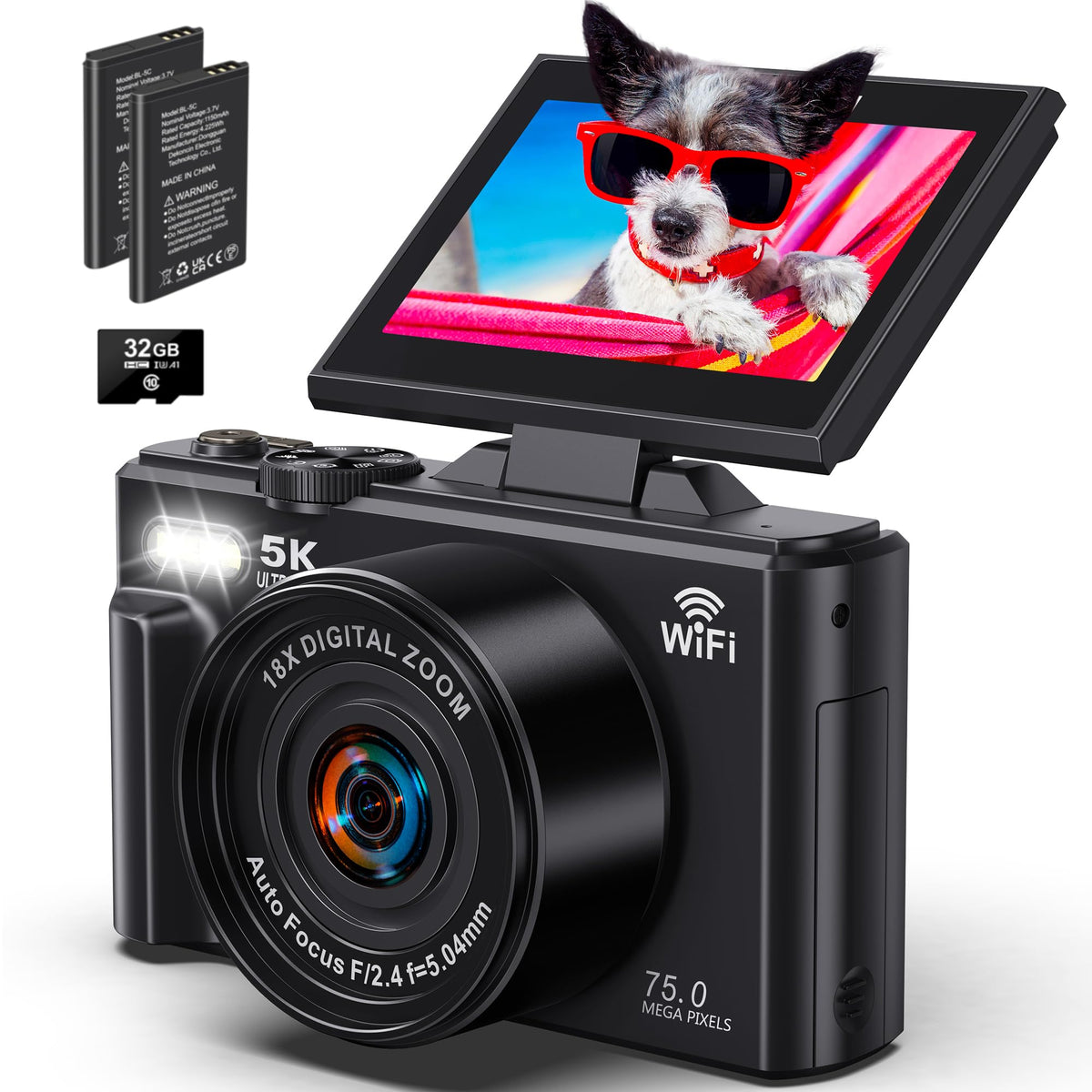 Cámara Digital 5K para fotografía – WiFi 75MP cámaras de vlogging para Youtube – Cámara de Video UHD de Enfoque automático 3 Pulgadas 180° con Zoom 18X – Cámara compacta de Viaje Vlog con Tarjeta SD