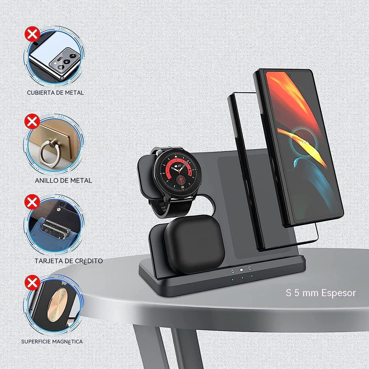Cargador Inalámbrico 3 en 1 para Samsung/iPhone, Cargador para Samsung S24/S23 Ultra/S22 Ultra/S23/S23+/Z Fold 4/Flip 4/S22, Cargador para Galaxy Watch 6/5/5 Pro/4, Estación de Carga Buds (Negro)