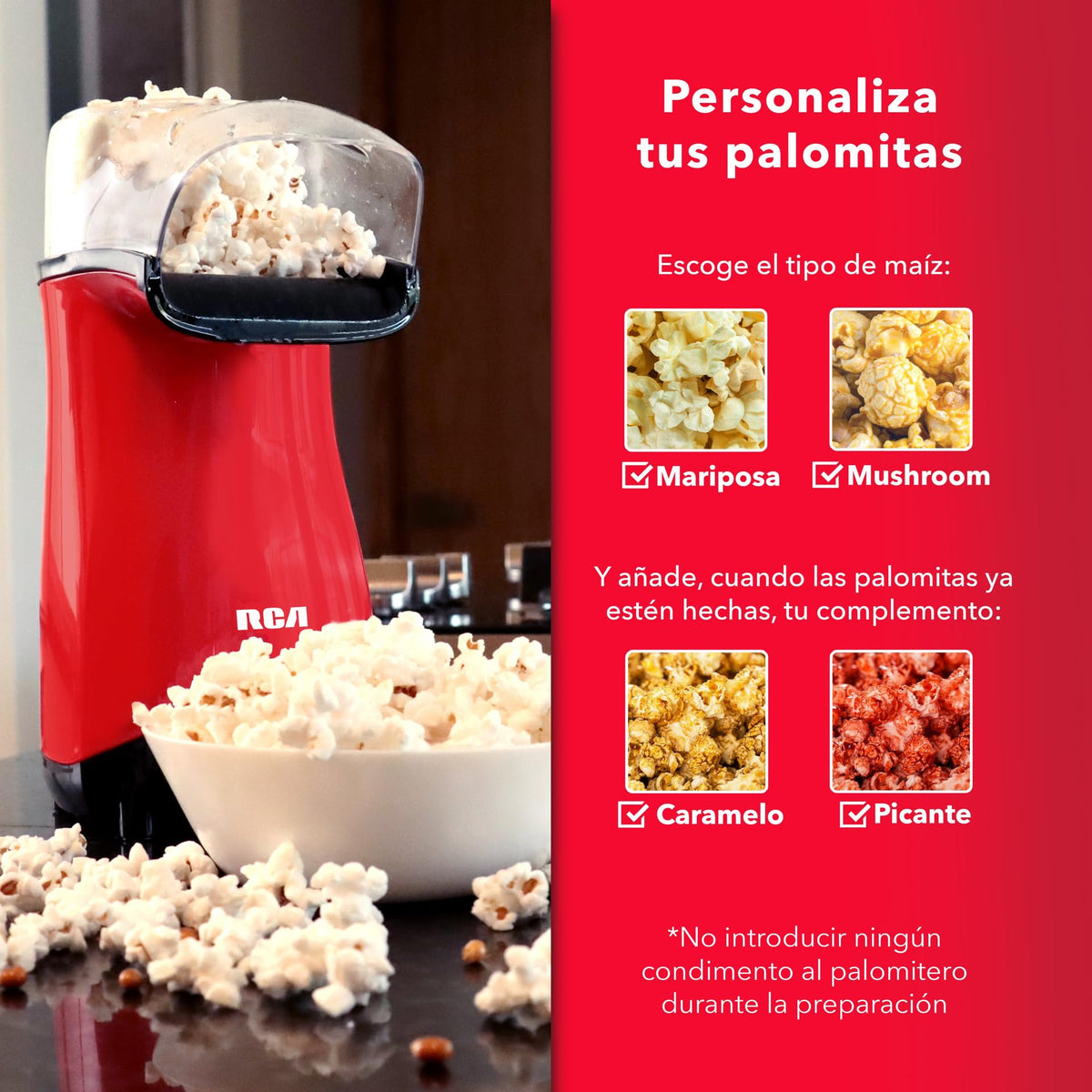 RCA Palomitero RC-1025, Tapa Medidora Incluida Estilo Compacto y Eléctrico, Funciona con Aire Caliente, Capacidad de 70 gr, Luz Indicadora, Ideal para Fiestas y Cine en Casa, Color Rojo y Negro