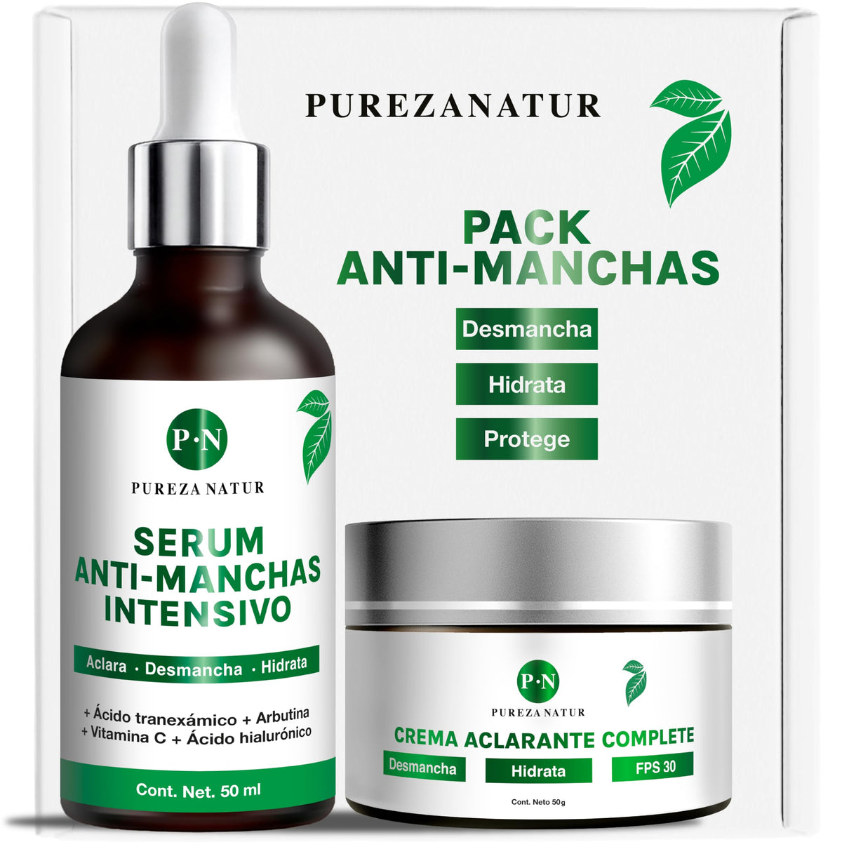 PUREZANATUR Pack Antimanchas Serum despigmentante y antimanchas intensivo + Crema aclarante | Paquete completo de serum para el cuidado de la piel, hidratación y rejuvenecimiento (Pack Antimanchas)