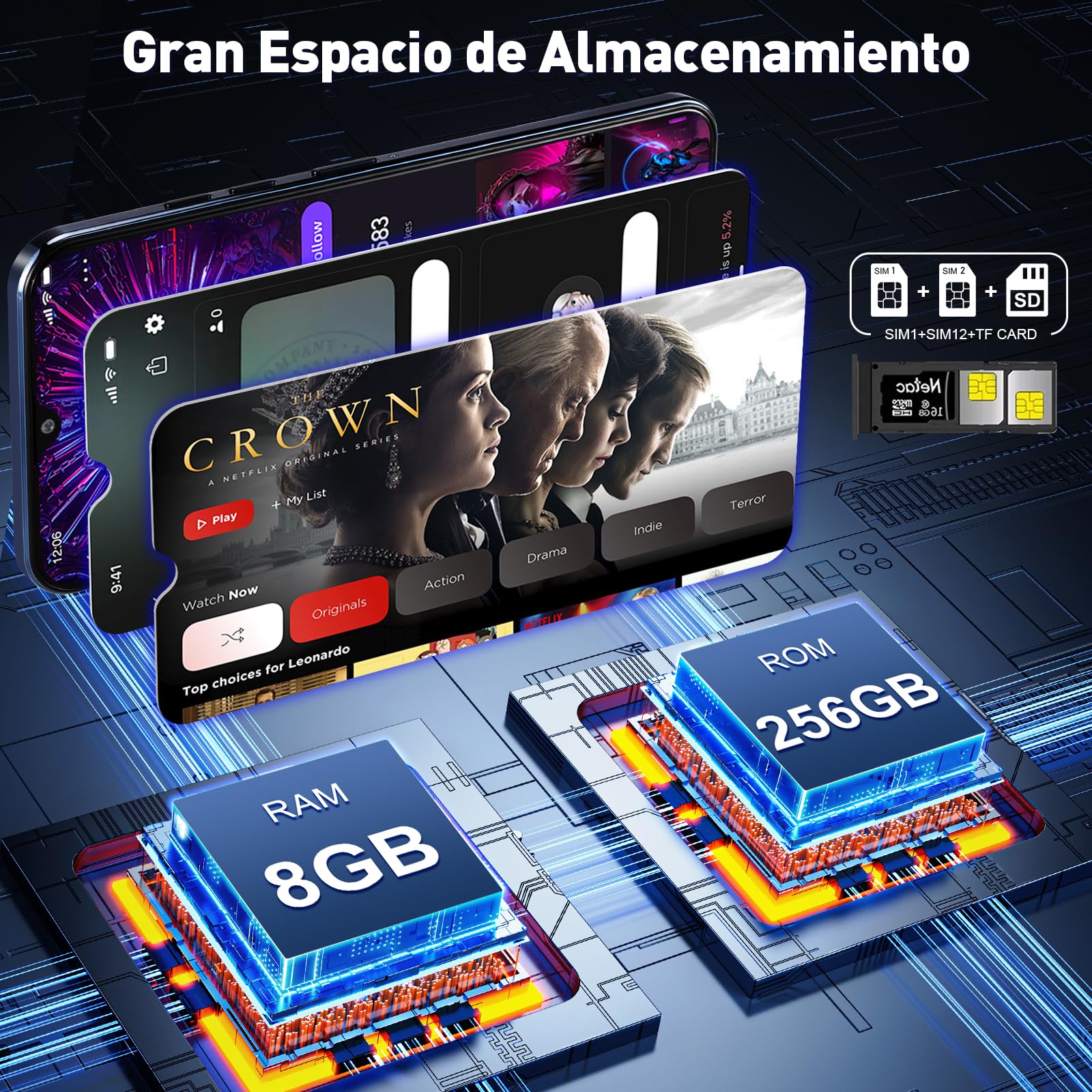 Fhrhig Celulares Inteligente Android 14, 256GB+8GB RAM Smartphone, 6.6" HD Celular con Batería 8000mAh, 8MP+5MP Cámara, Teléfonos con Dual SIM Dual Standby/Face ID/TF