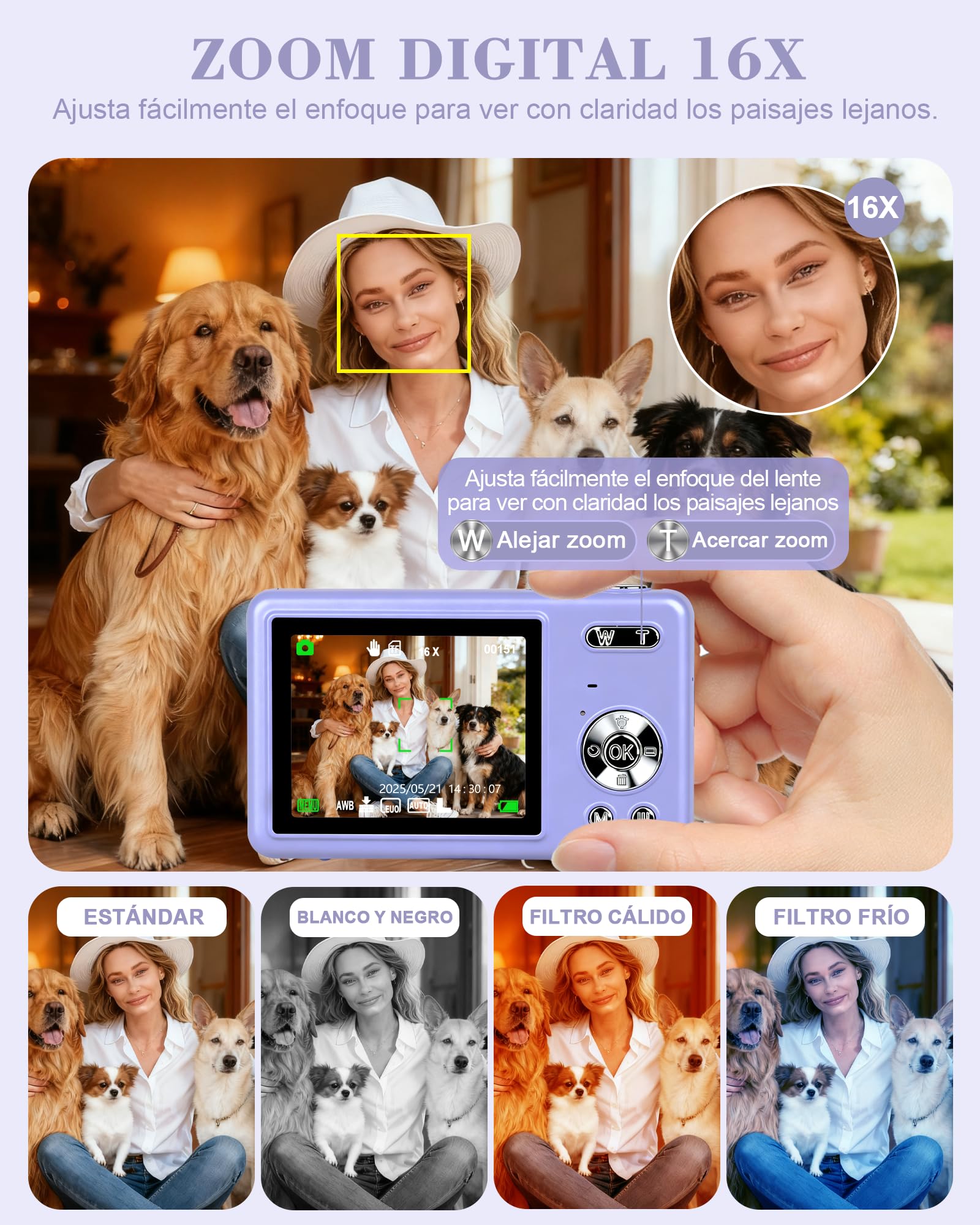 HeiLuon Camara Digital FHD 1080P Vlogging con Zoom 16X, Pantalla IPS de 2.4", Trípode, Tarjeta 32GB y Lector, Anti-Shake, Autoenfoque, Camara Fotografica para Niños y Adolescentes (Color Púrpura)