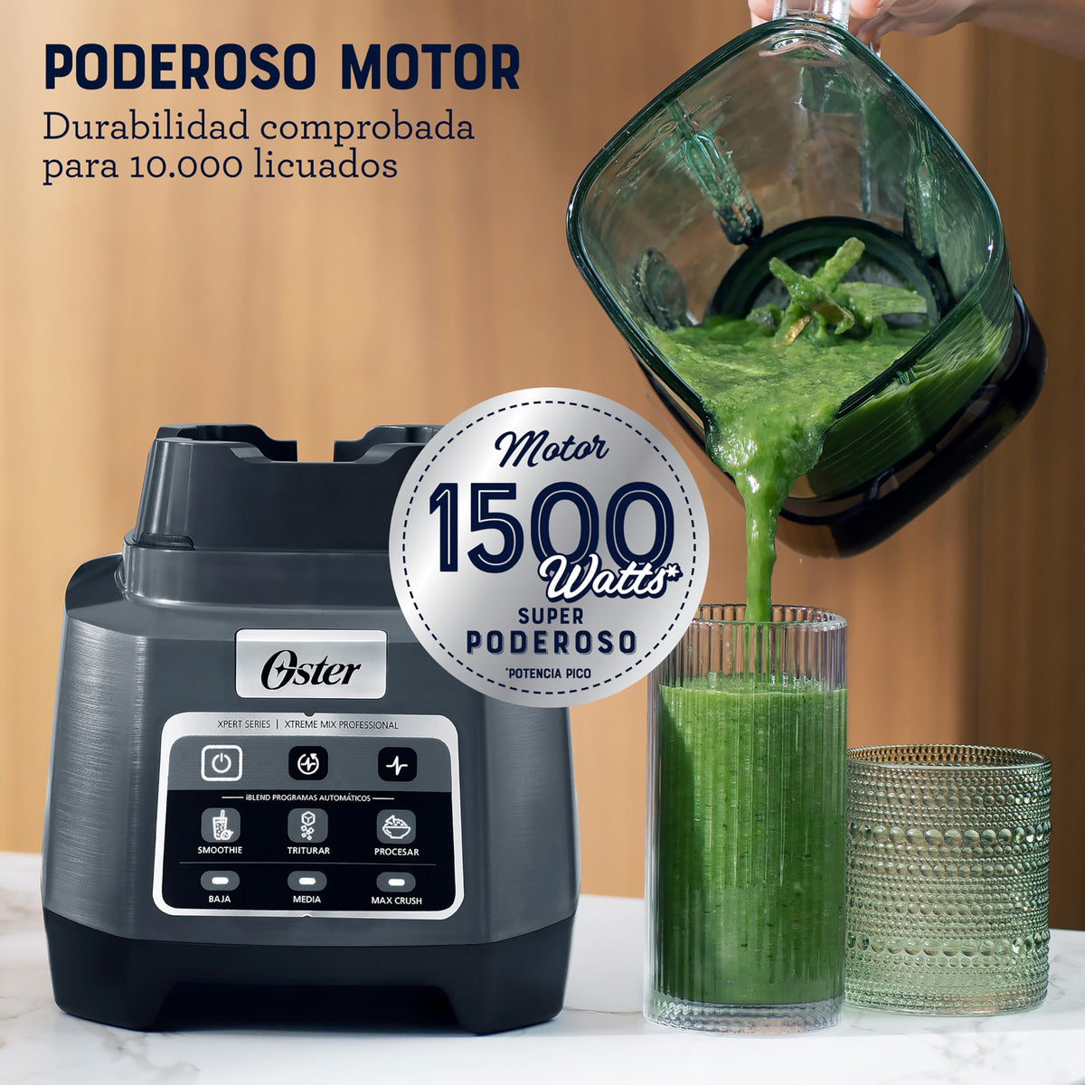 Oster Licuadora Profesional XTREME MIX con iBLEND y MAX CRUSH, 1500 W, 2 L, Jarra de Vidrio Boroclass, Tecnología Reversible, Vaso Blend-N-Go, Gris
