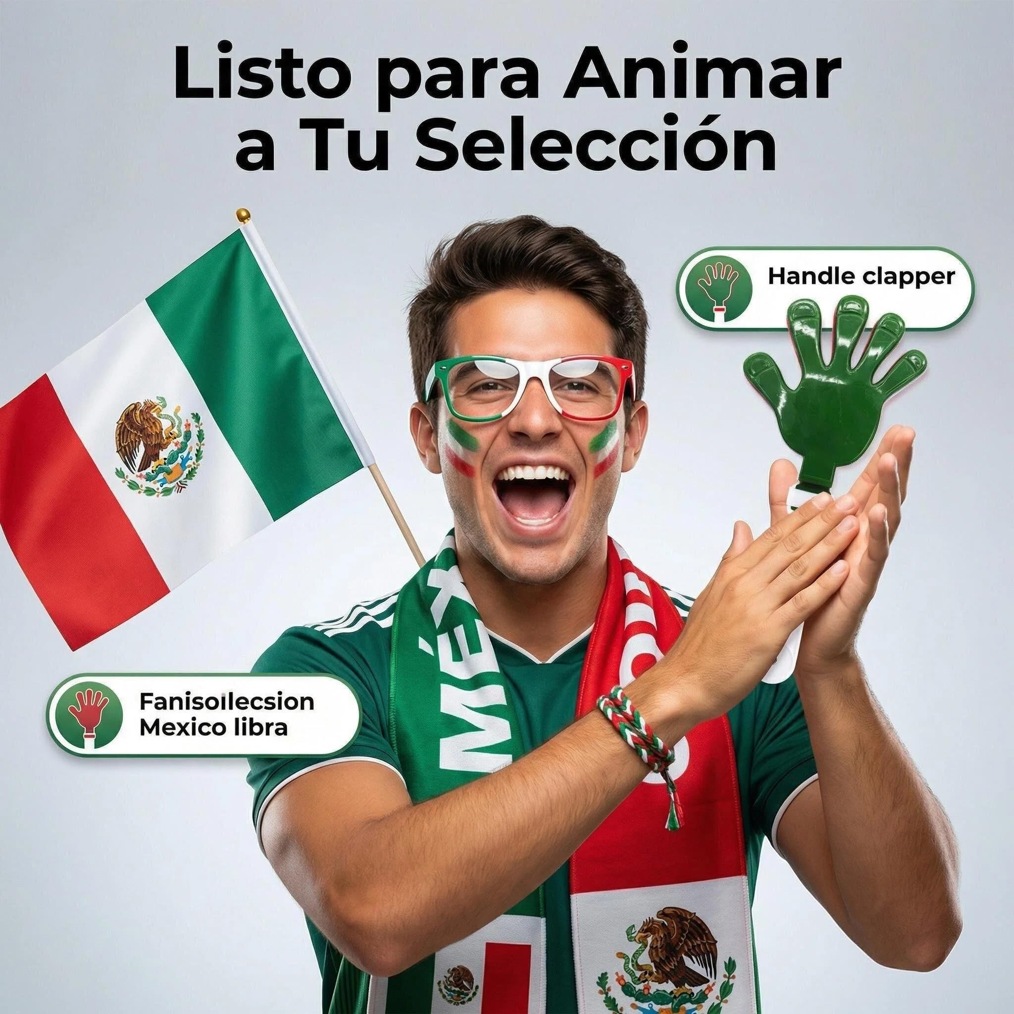 Cyxenova Kit de Animador México 6 en 1 - Incluye Bandera (95 * 64 cm), Bufanda, Matraca Ruidosa, Pintura Facial, Lentes y Pulsera - Accesorios de Fútbol para Celebración 2026 - Orgullo Mexicano