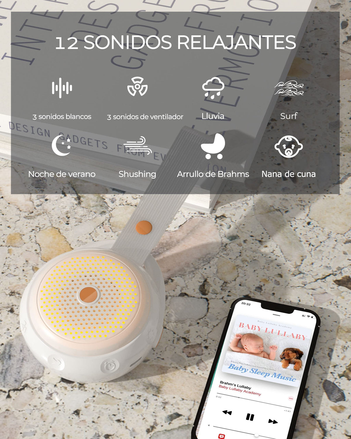 SNORF Ruido Blanco para Bebe, Elegante Máquina de Ruido Blanco, 12 Sonidos Relajantes, Adecuada para Bebés y Adultos, Diseño Portátil, Altavoz Bluetooth Inalámbrico