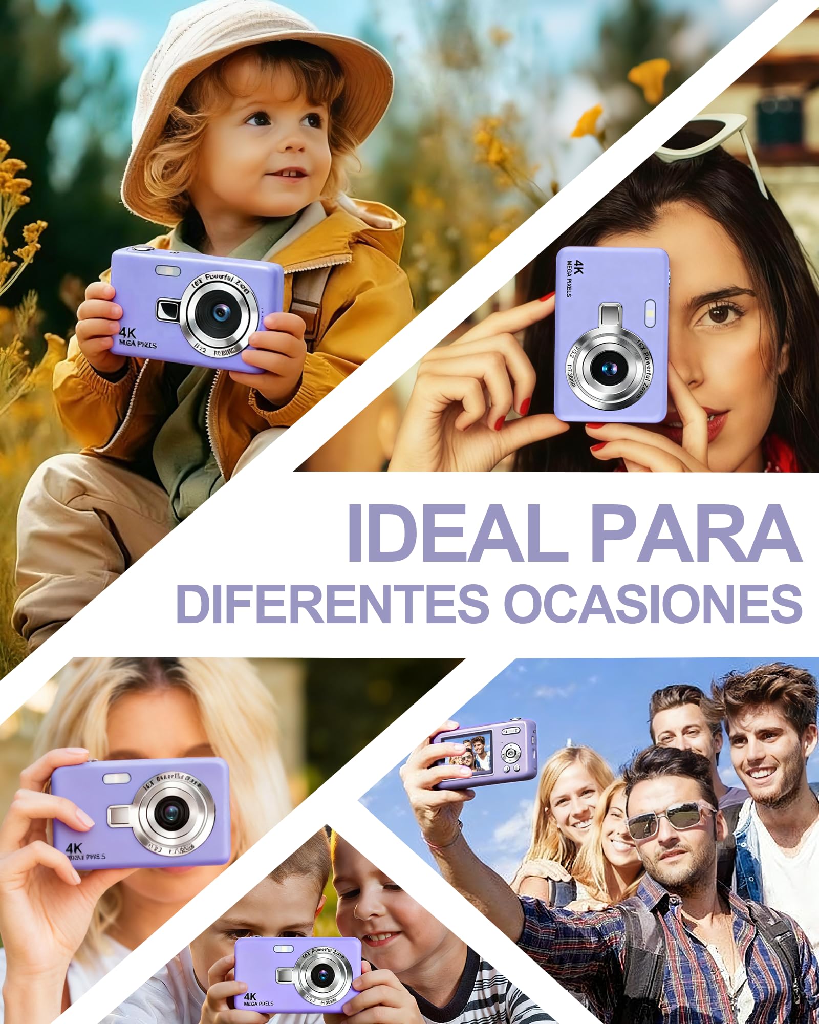 HeiLuon Camara Digital FHD 1080P Vlogging con Zoom 16X, Pantalla IPS de 2.4", Trípode, Tarjeta 32GB y Lector, Anti-Shake, Autoenfoque, Camara Fotografica para Niños y Adolescentes (Color Púrpura)