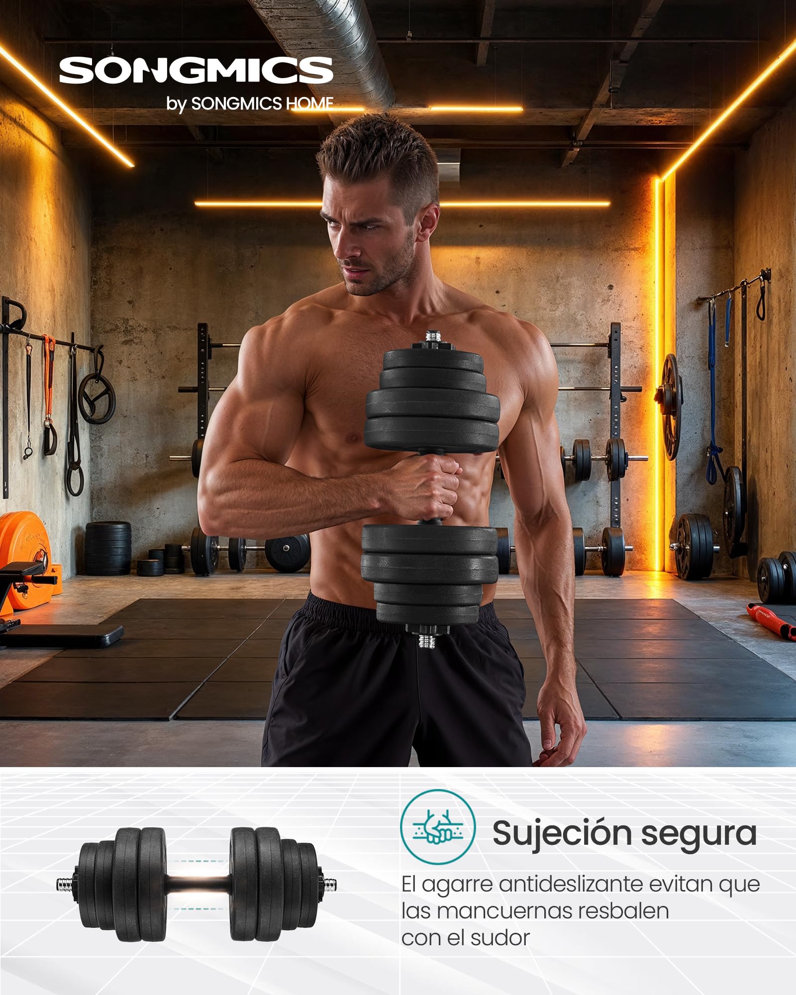 SONGMICS Juego de Mancuernas 2 en 1, Mancuernas Ajustables de 2 x 15 kg, con Barra Adicional, Gimnasio de Casa, Negro Tinta MSYL30HBK