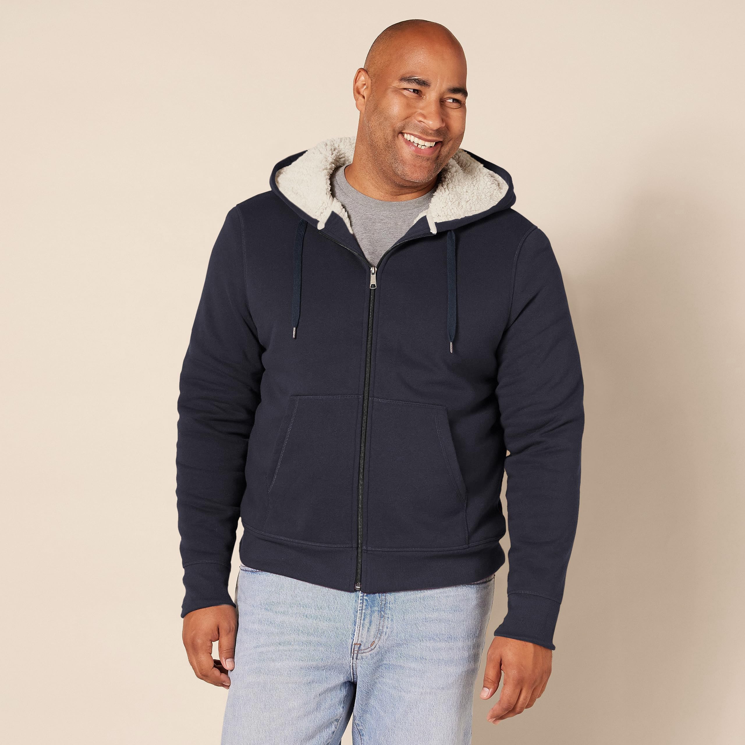 Amazon Essentials - Sudadera de forro polar con capucha y cremallera completa para hombre, color azul marino, talla M