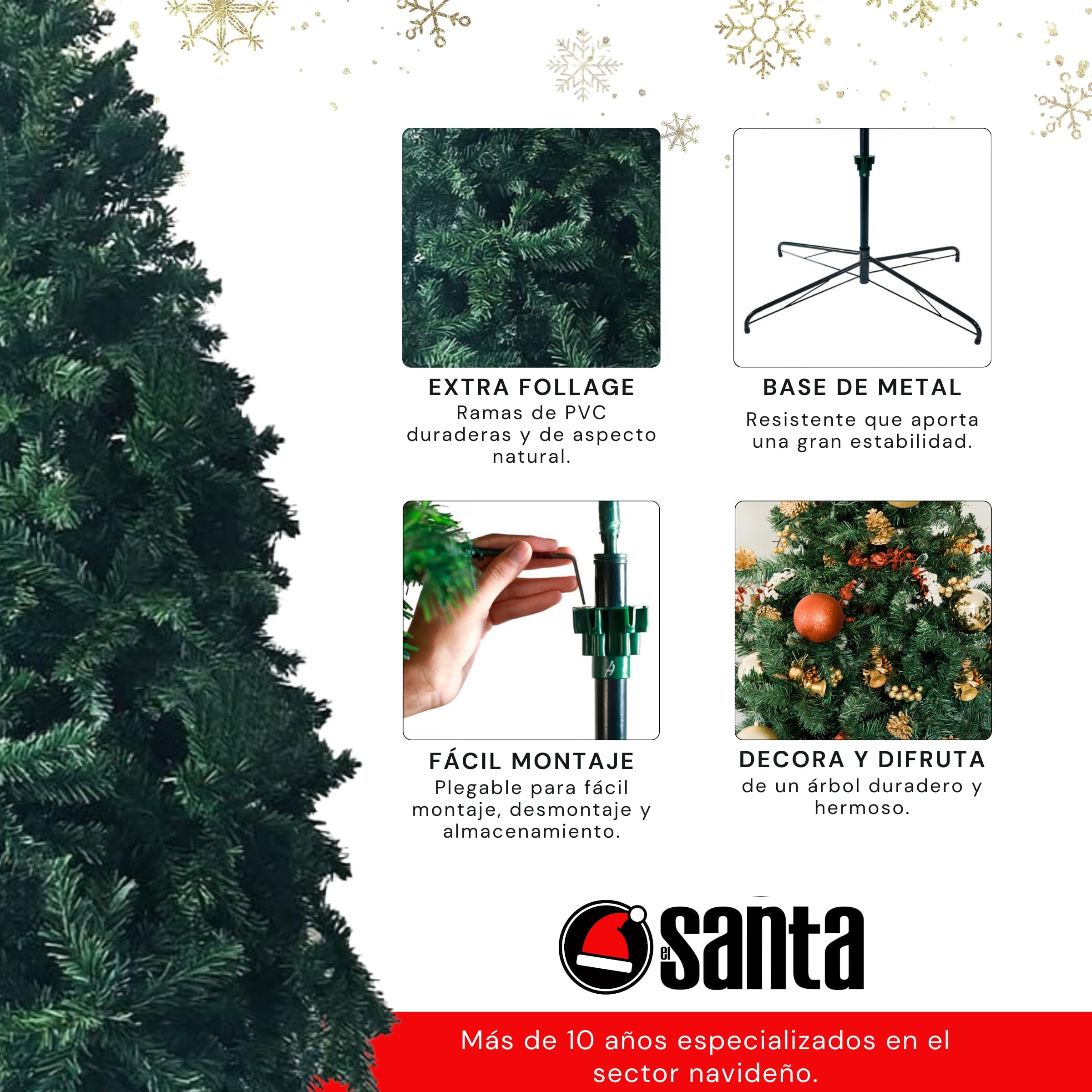 EL SANTA Árbol de Navidad Tradicional Color Verde, de 1.50 Metros de Altura, Hoja Tradicional, fácil de armar, Apariencia Completamente Natural, práctico y Ligero, Color Verde (1.50 M)