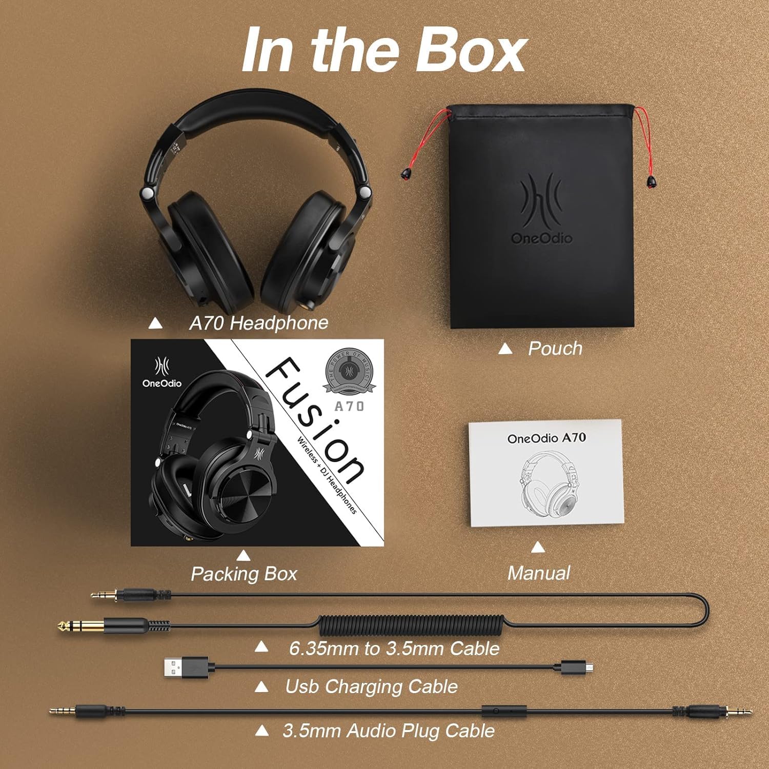 OneOdio A70 - Auriculares Bluetooth sobre la oreja, auriculares inalámbricos con tiempo de reproducción de 72 horas, de alta resolución, micrófono integrado, conector de audio con cable de 3,5 mm/6,35