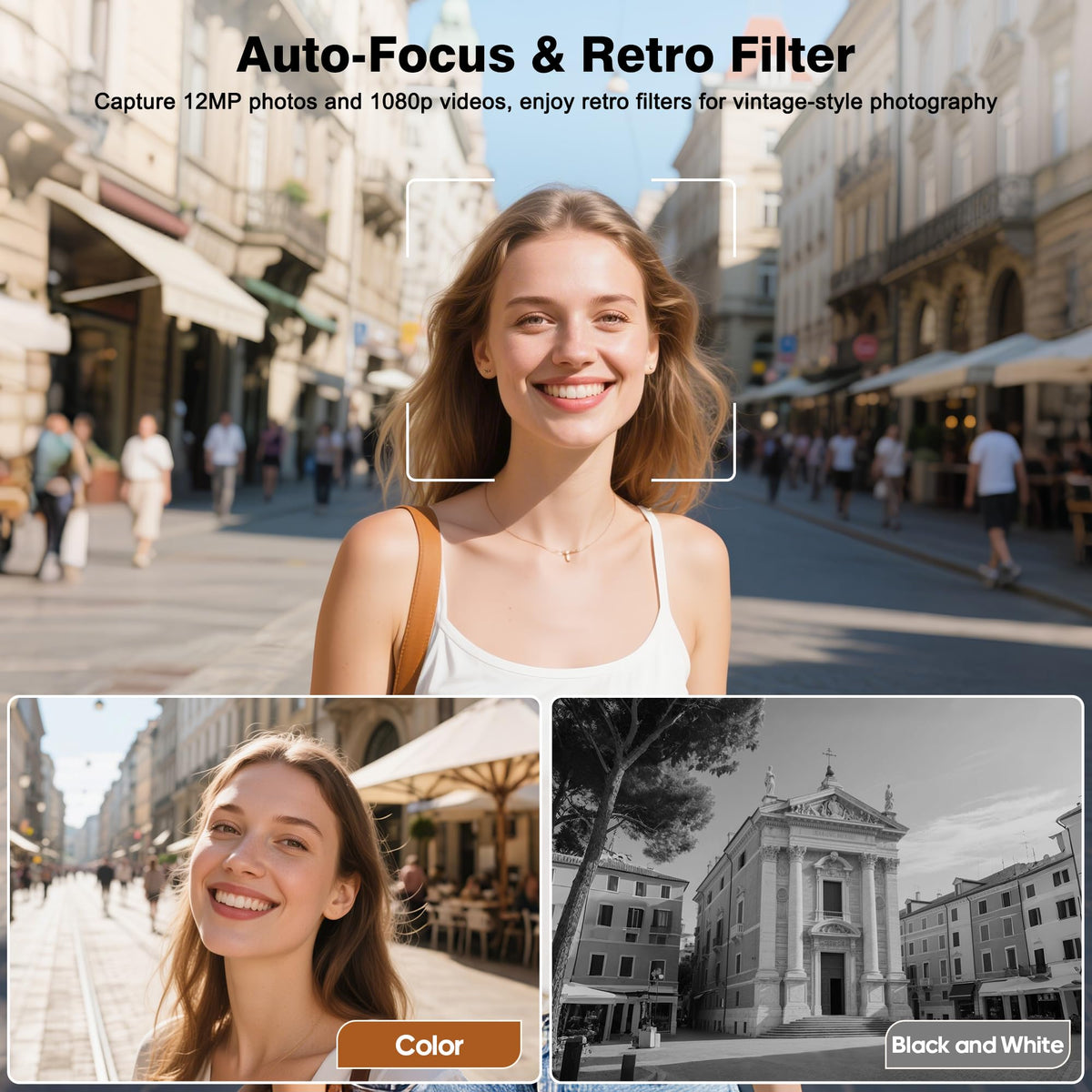 CHUZHAO - Mini cámara digital clásico, estilo TLR portátil con punta y disparo, bolsillo pequeño compacto 1080P FHD Video 12MP Autofocus Vlogging Cámara con tarjeta de 16 GB para principiantes,