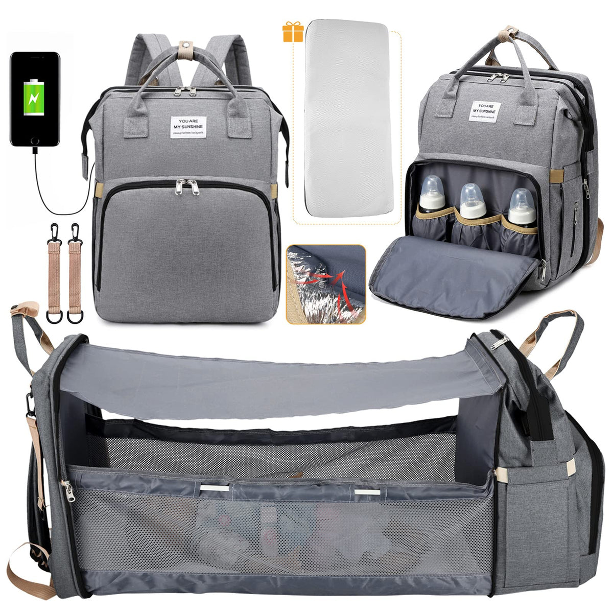 Jasonwell Mochila Pañalera para Bebé - Pañaleras Modernas Backpack Multifuncional de Gran Capacidad Ultra con Cable Usb Exteriores Mochila de Viaje Impermeable Gran Capacidad para Mamá y Papá