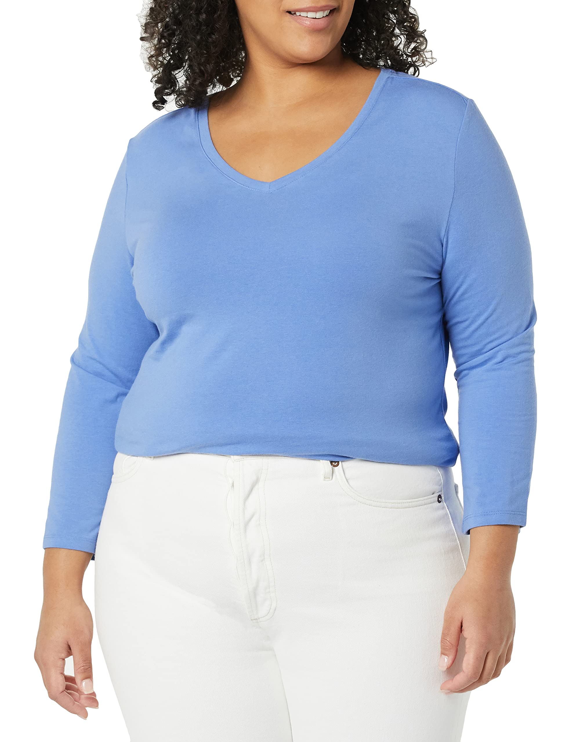 Amazon Essentials Playera de Manga 3/4 con Cuello en V para Mujer (Disponible en Tallas Grandes), Azul, L