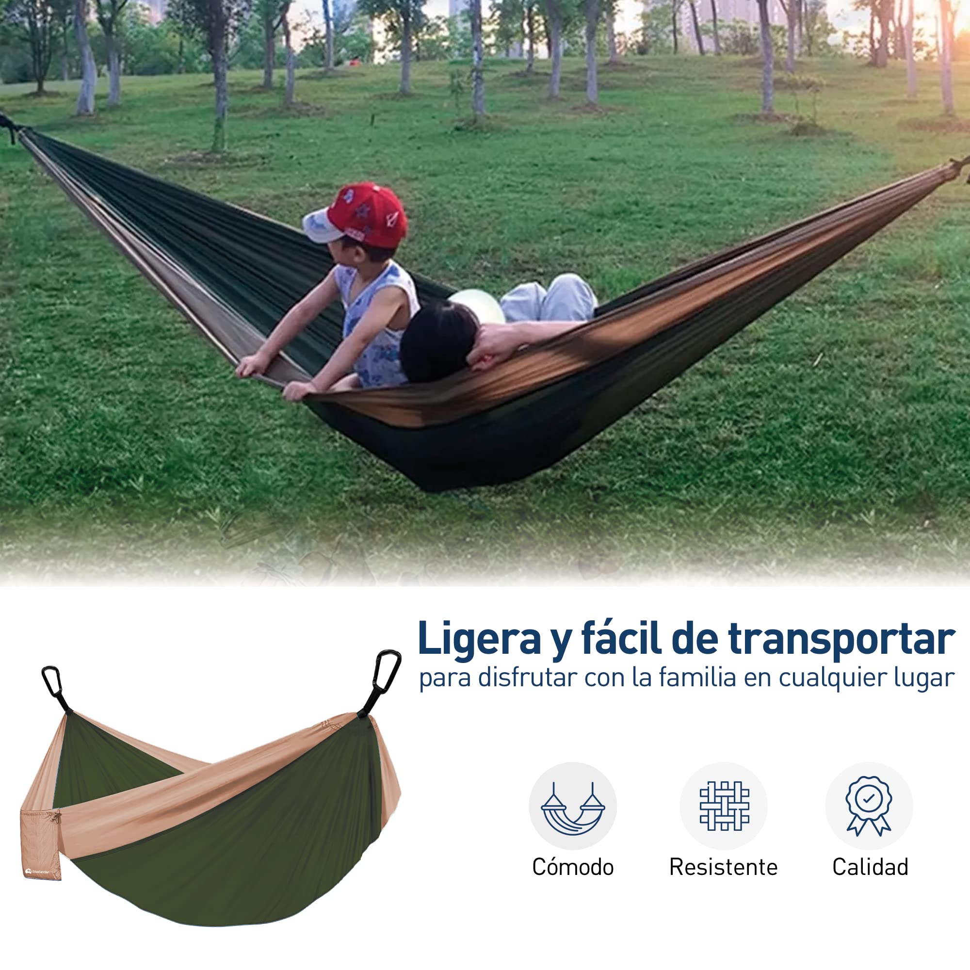 Bluelander Hamaca Portátil para Acampar de Adultos, Hamaca de Camping, Fabricada de Tela Nailon con Correas para Árboles, Excelente para Acampar al Aire Libre en Jardines y Viajes (Café/Verde)