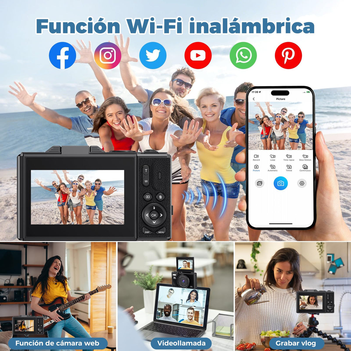 Cámara Digital 5K, Cámara Retro WiFi de 75 MP, Pantalla Giratoria de 3 Pulgadas, Camara de Vídeo UHD con Zoom Digital de 18 Aumentos y Enfoque Automático, Cámara Portátil de Viajes con Tarjeta 32GB SD