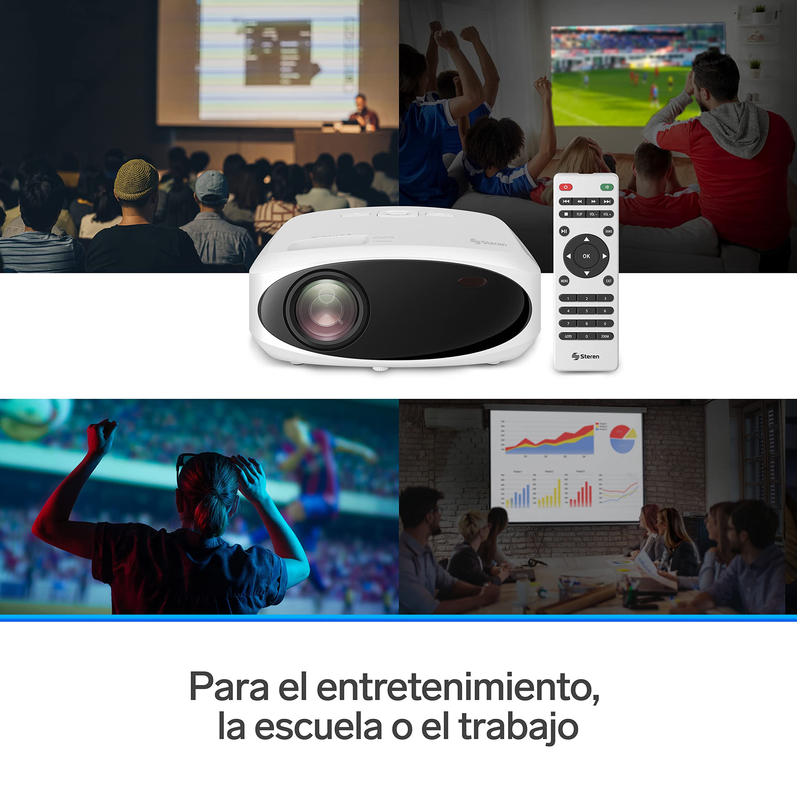 STEREN PRO-400 Proyector Multimedia Full HD de 9 000 lúmenes 280 ANSI Lumen portátil, proyección hasta 200”, con Control Remoto, 2 entradas HDMI, 1 Entrada AV 3,5 mm, 1 Entrada USB,1 Entrada microSD